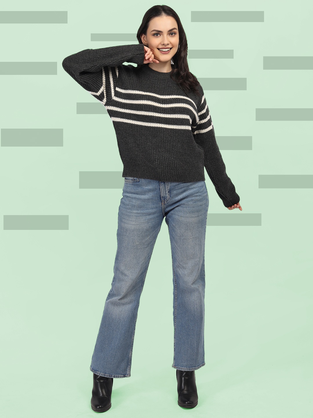 

The Roadster Lifestyle Co. Women Woollen Round Neck Pullover Sweater, Charcoal