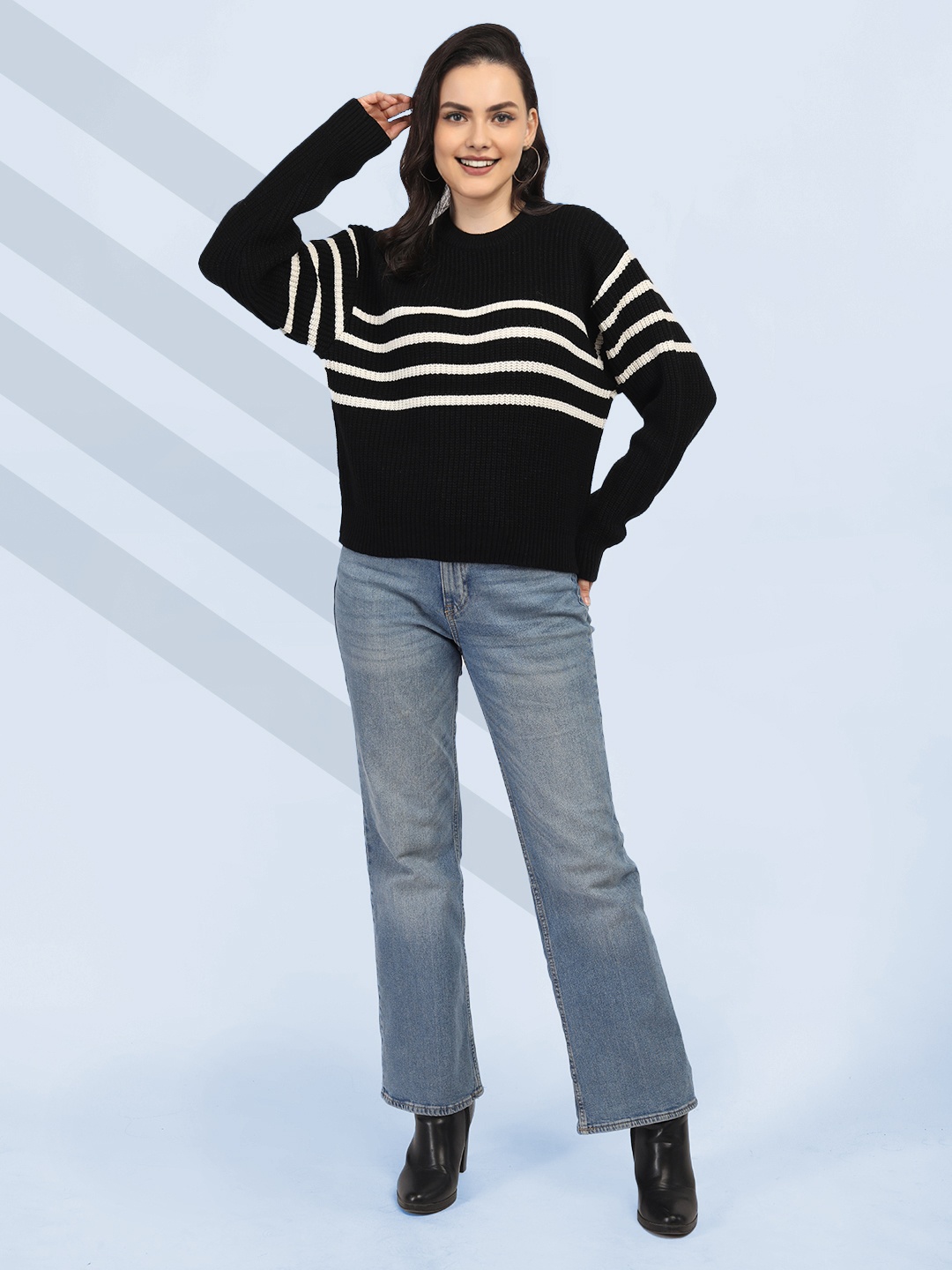 

The Roadster Lifestyle Co Women Striped Pullover Sweaters, Black