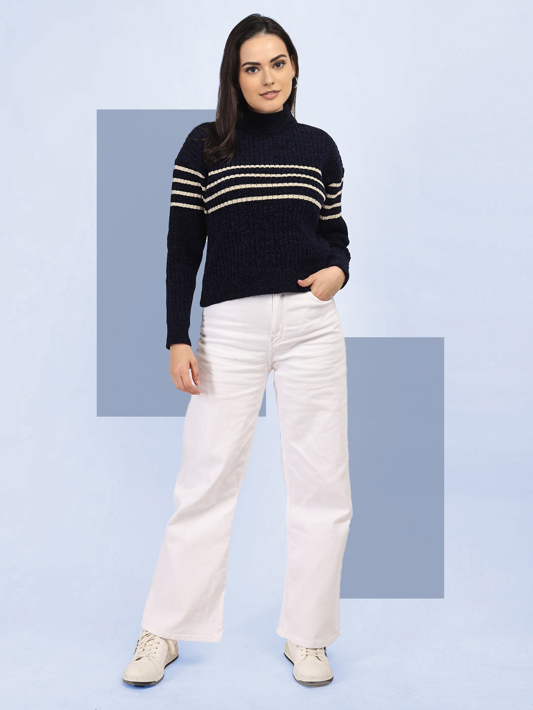 

The Roadster Lifestyle Co Women Striped Woollen High Neck Pullover, Navy blue