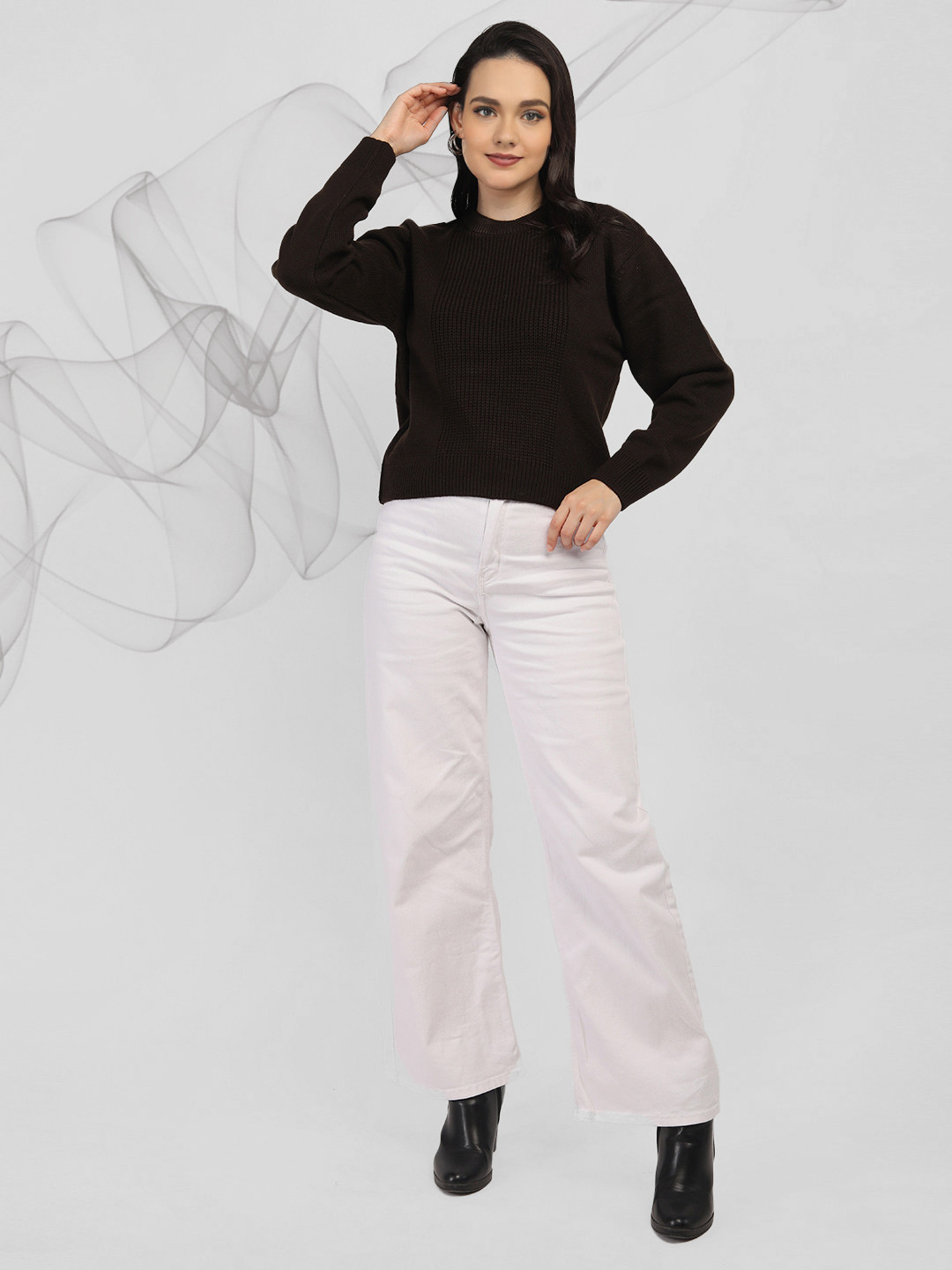 

The Roadster Lifestyle Co Women Ribbed Woollen Pullover, Coffee brown