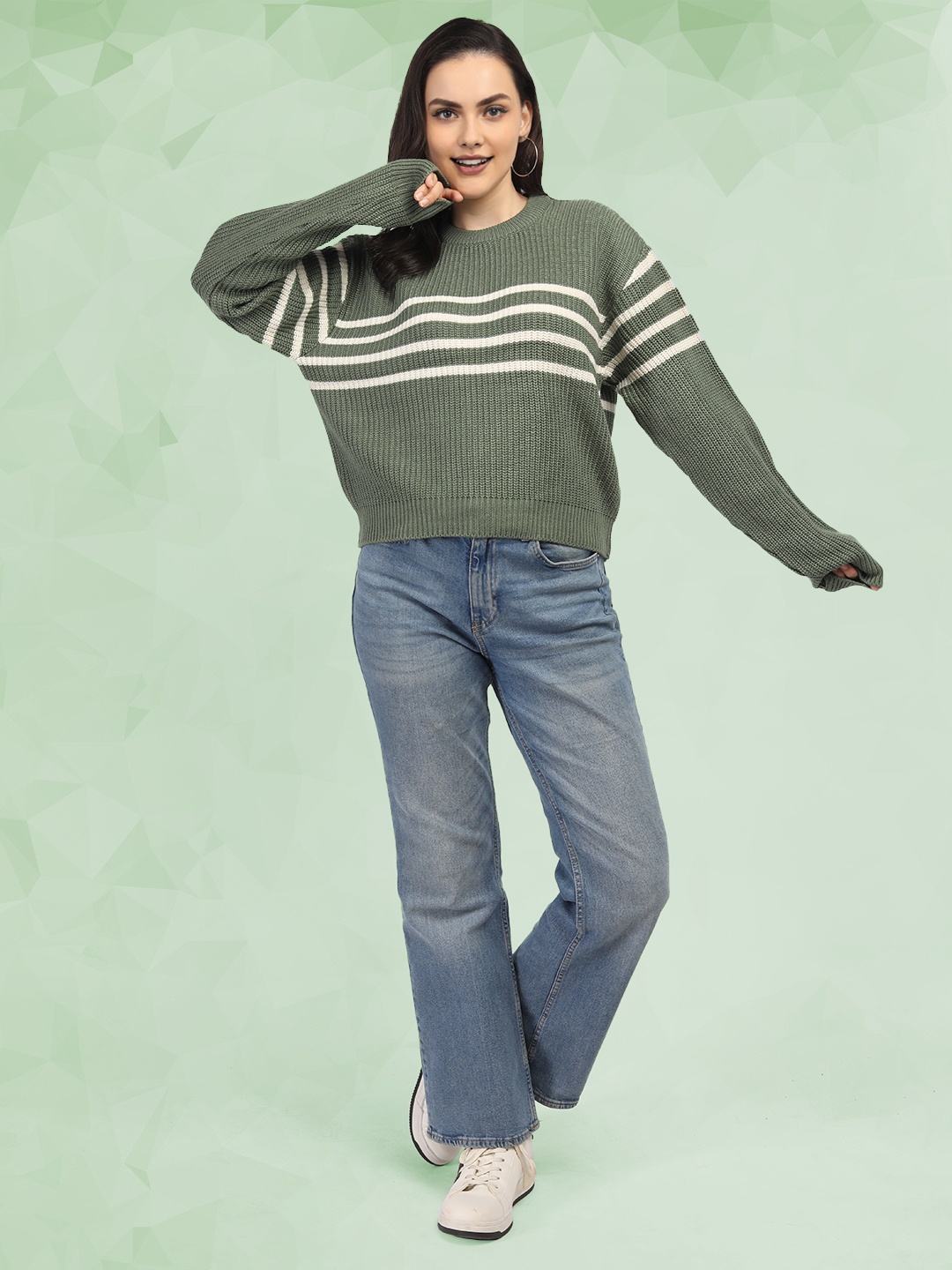 

The Roadster Lifestyle Co Women Striped Woolen Round Neck Pullover Sweater, Green
