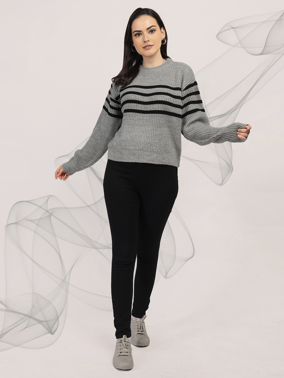 

The Roadster Lifestyle Co Women Striped Round Neck Pullover Sweater, Grey