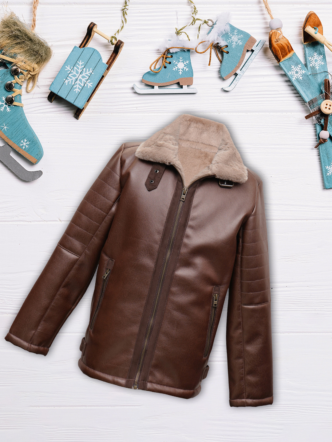 

LURE JUNIOR Boys Faux Fur Trim Leather Jacket, Coffee brown