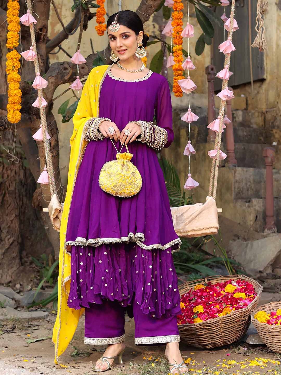 

LABEL ADITI HUNDIA Women Regular Kurta with Palazzos & With Dupatta, Purple