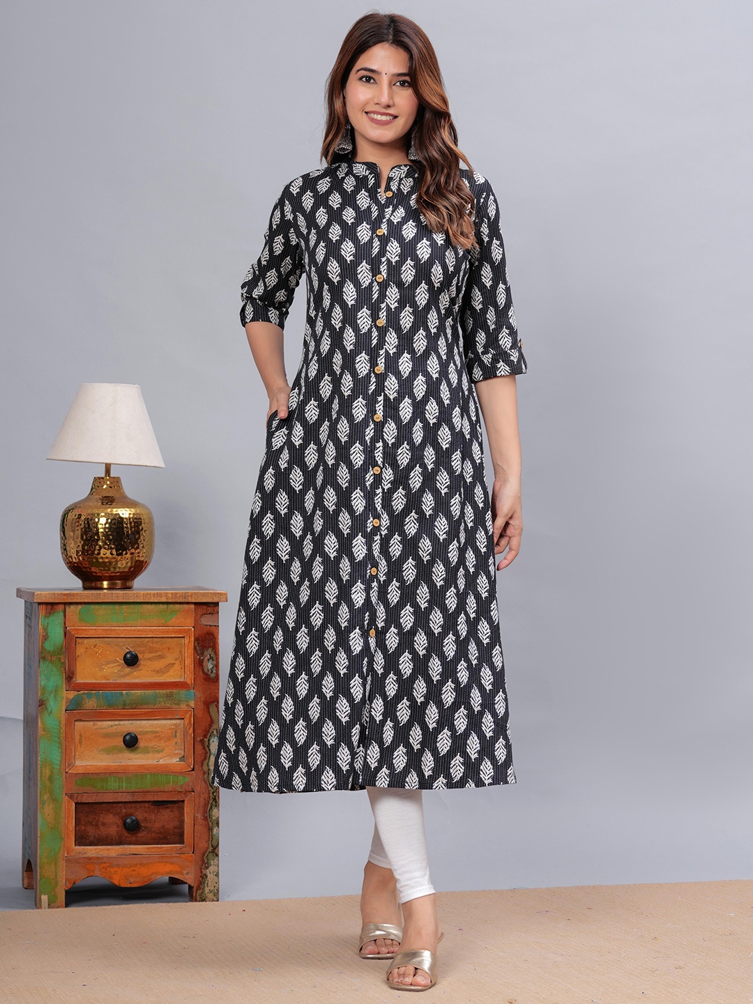 

KALINI Ethnic Motifs Printed Mandarin Collar Pure Cotton A-Line Kurta, Black