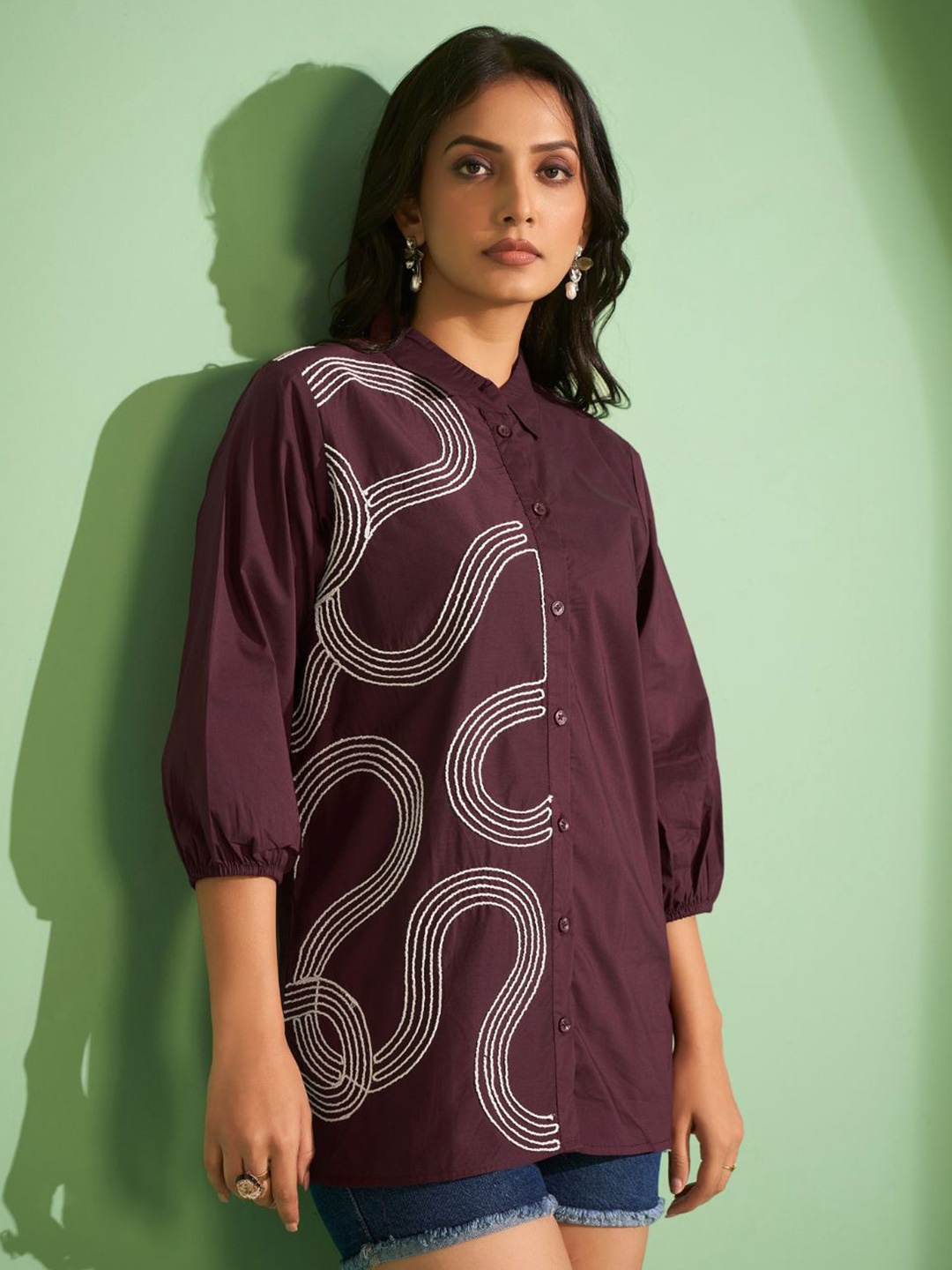 

Kaftanize Women Comfort Shirt Collar Solid Cotton Casual Shirt, Maroon
