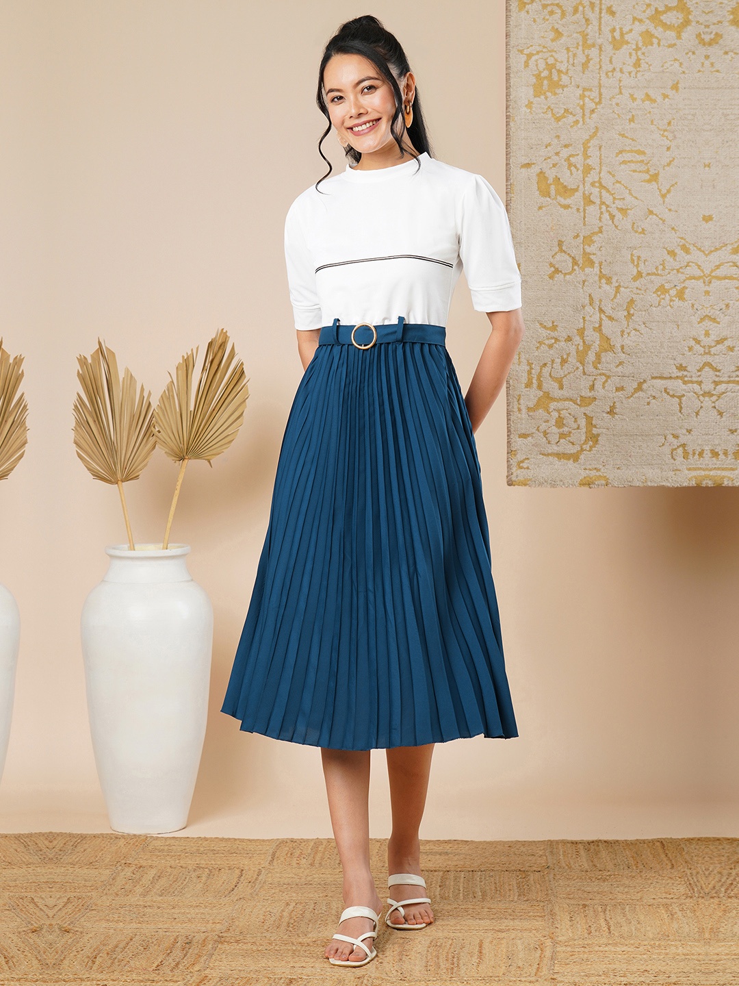 CARTYSHOP Women Round Neck Accordion Pleated Fit & Flare Midi Dress, Teal