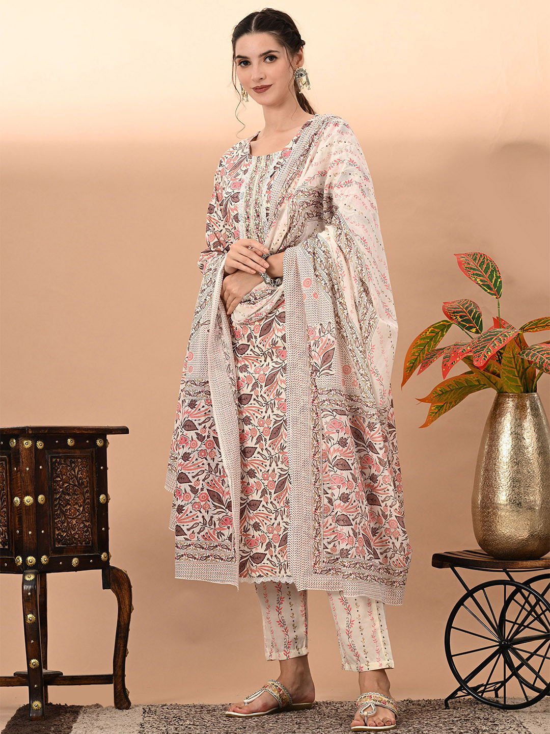 

KEOSA Women Floral Printed Mirror Work Pure Cotton Kurta with Trousers & With Dupatta, Off white