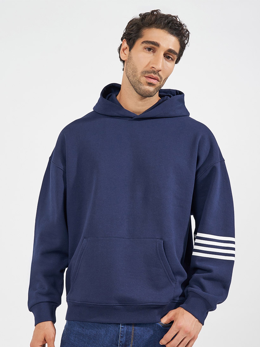 

Styli Men Solid Hooded Pullover Oversized Sweatshirt, Navy blue