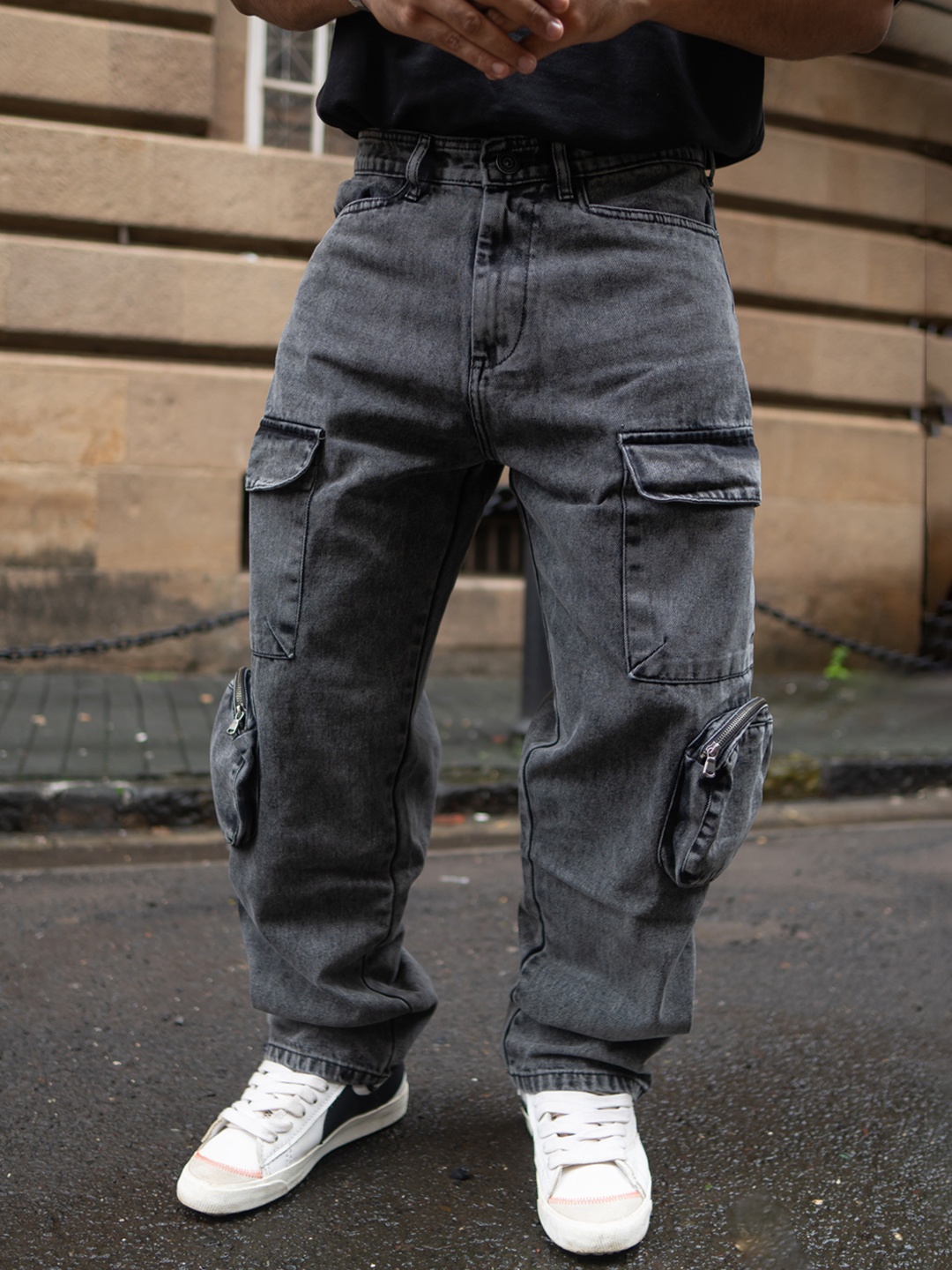 

Powerlook Men Cotton Loose Baggy Fit Cargo Trousers, Black