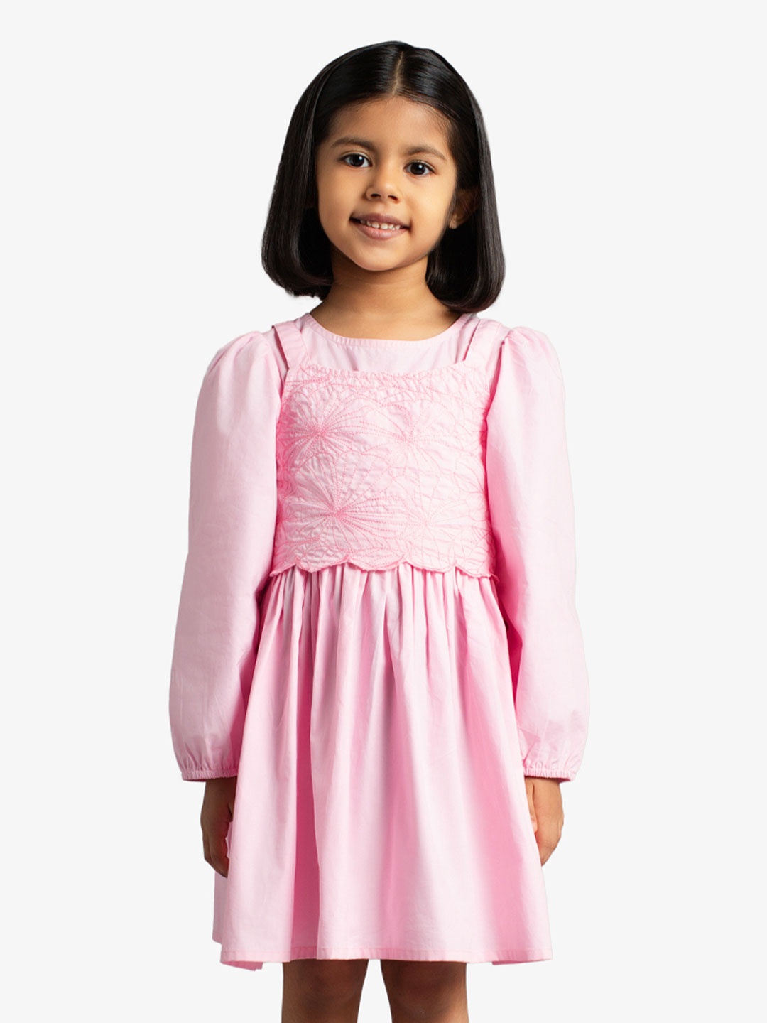 

Ed-a-Mamma Cotton Floral Embroidered Puff Sleeve Fit & Flare Dress, Pink