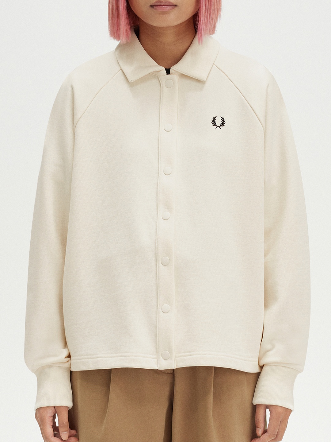 

Fred Perry Women Solid Shirt Collar Pure Cotton Sweatshirt, Cream