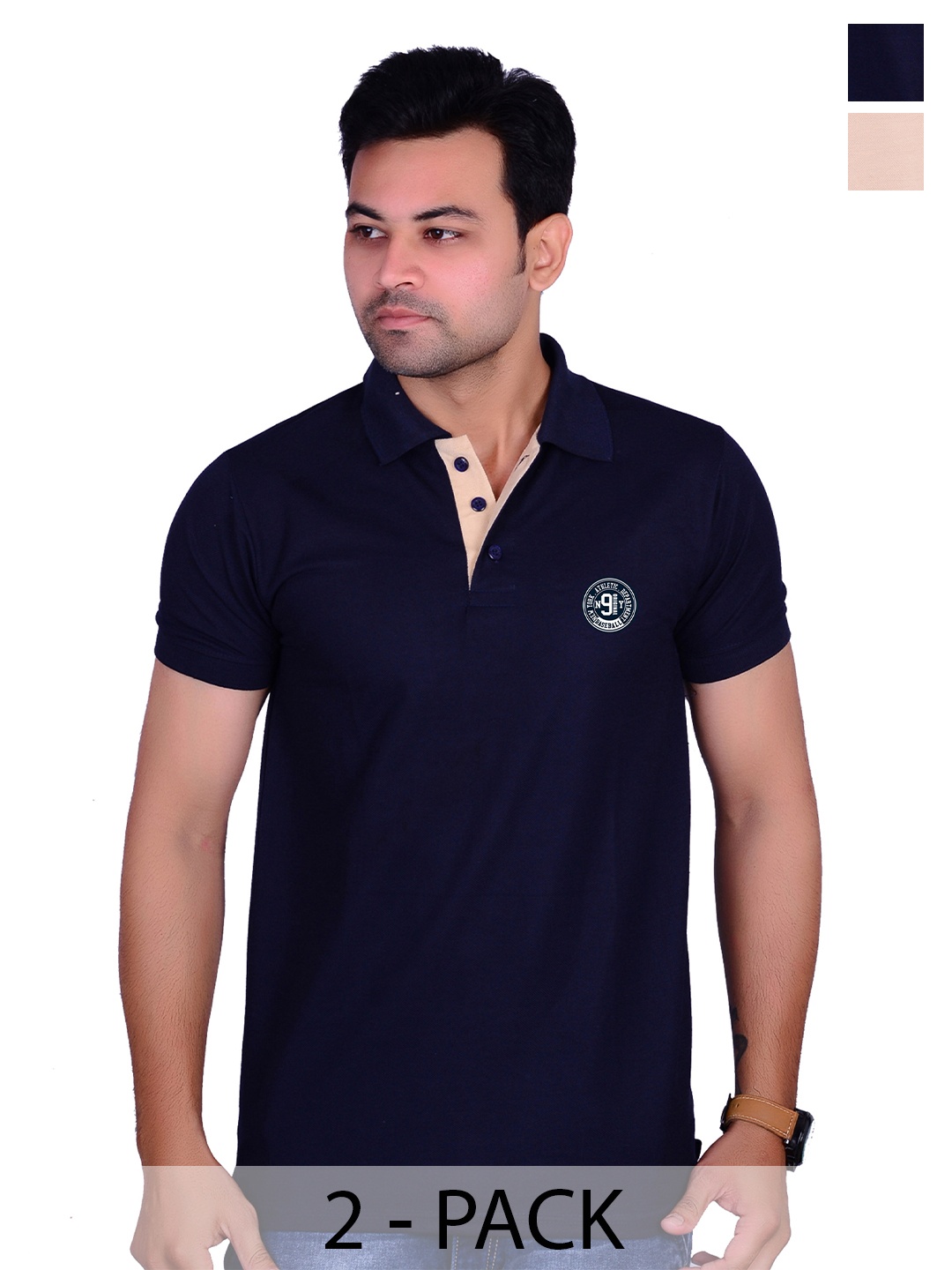 

LA MILANO Pack OF 2 Men Polo Collar Solid Slim Fit T-shirt, Navy blue