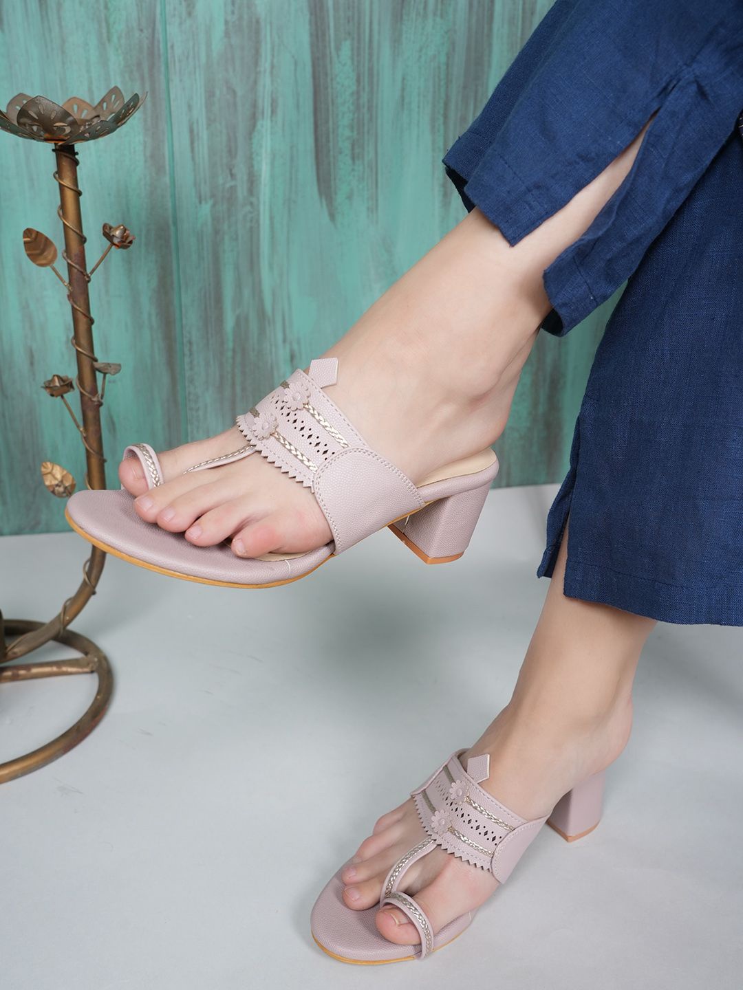 

Mast & Harbour Textured Party Block Sandals with Laser Cuts, Nude