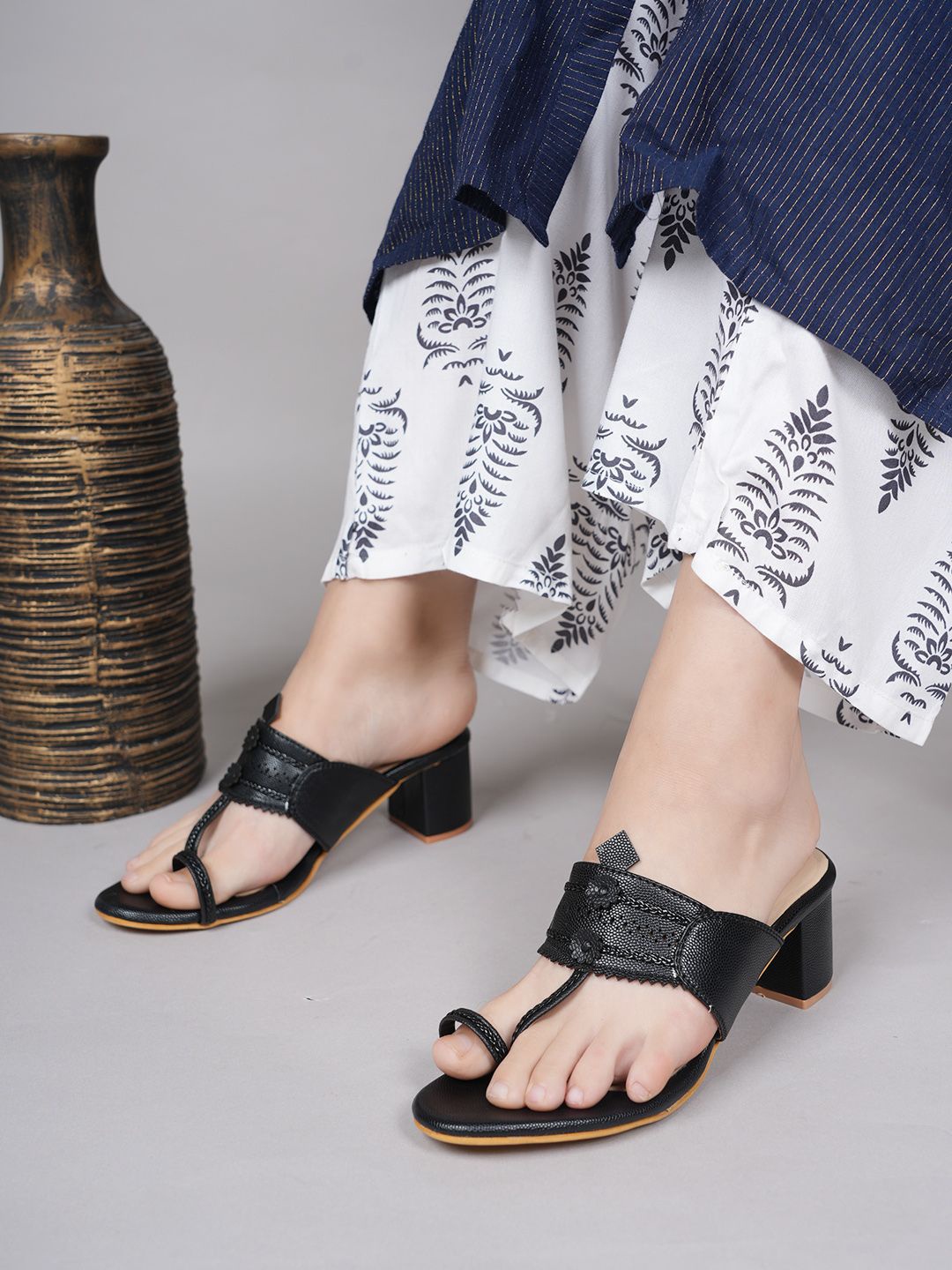 

Mast & Harbour Textured Party Block Sandals with Laser Cuts, Black