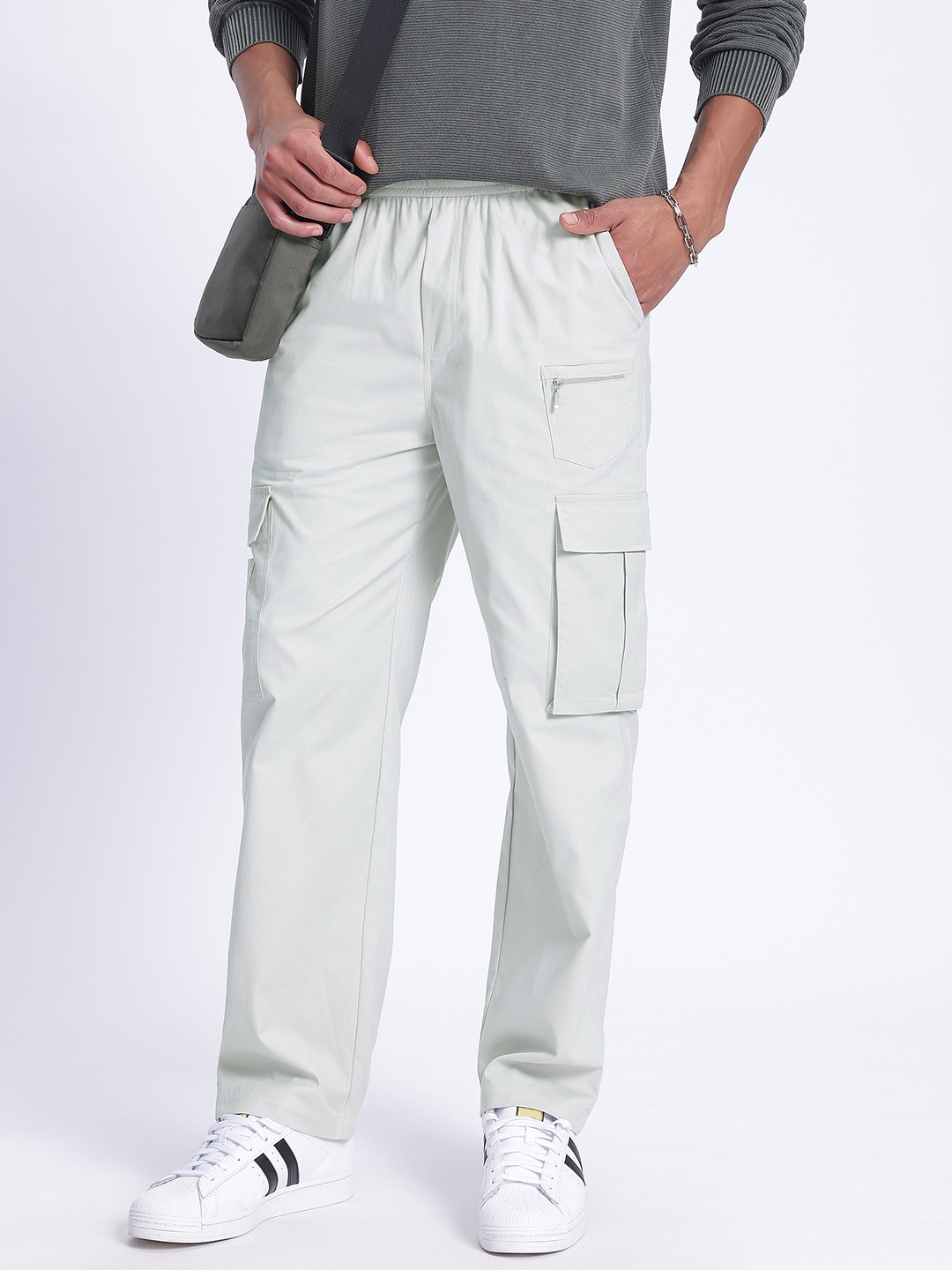 

glitchez Men Cargo Inspired Pure Cotton Relaxed Fit Trousers, Grey
