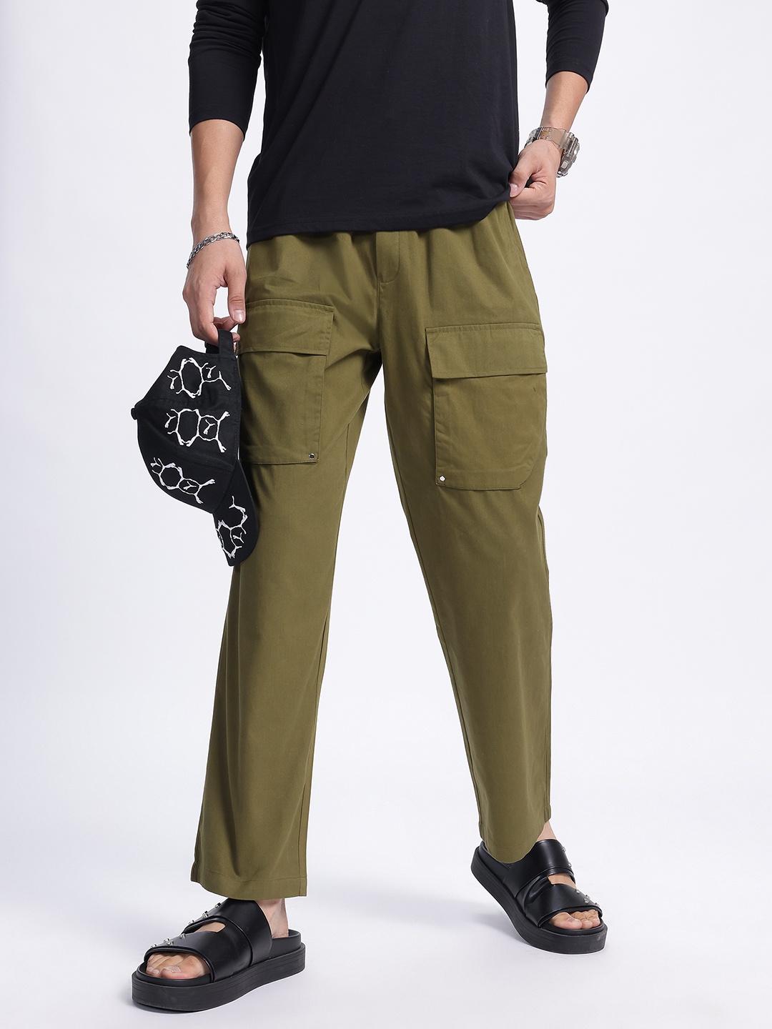 

glitchez Men Carefree Cuts Relaxed Fit Cargo Trousers, Olive