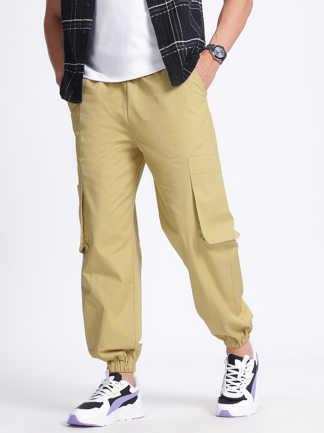 

glitchez Men Baggy Basics Cargo-Style Joggers, Khaki