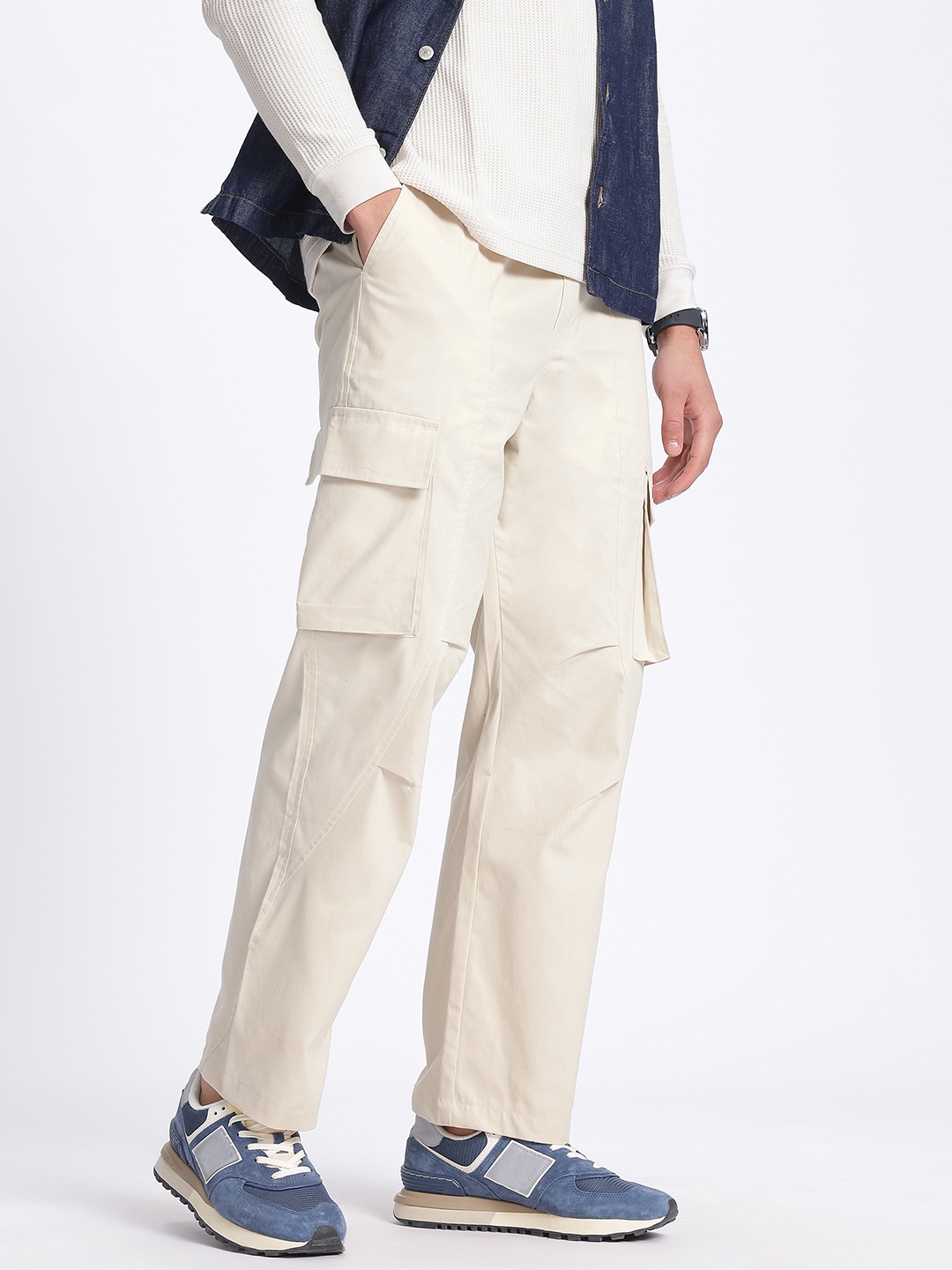 

glitchez Men Relaxed Essential Cargo-Style Trousers, Cream