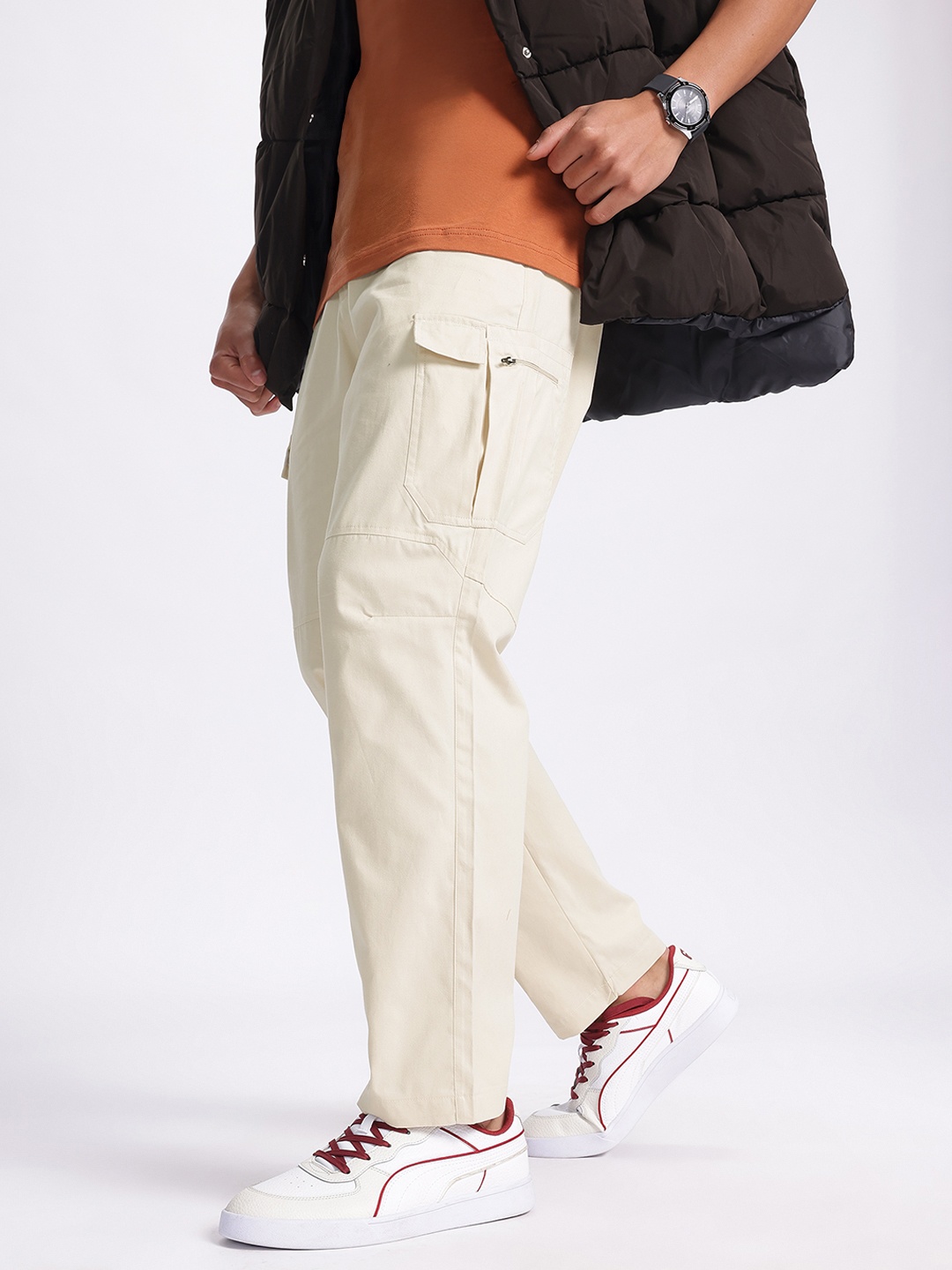 

glitchez Men Not-So Ordinary Mid-Rise Pure Cotton Cargo Style Trousers, Cream