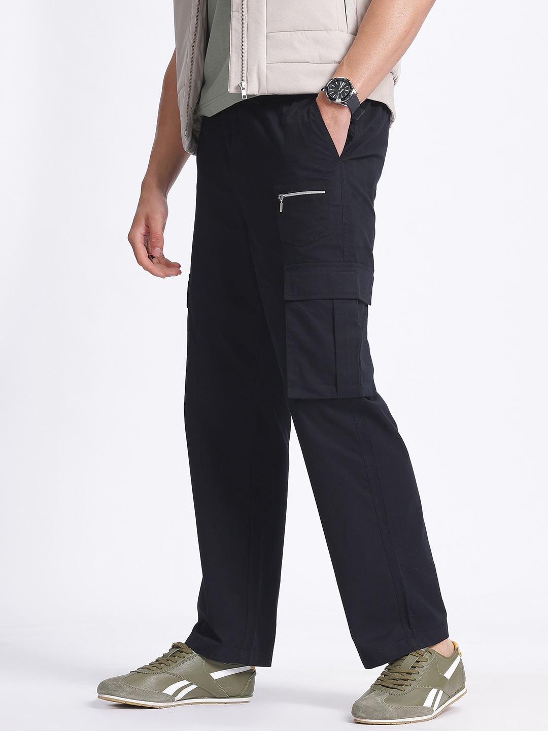 

glitchez Men Relaxed Canvas Cargo-Style Trousers, Black