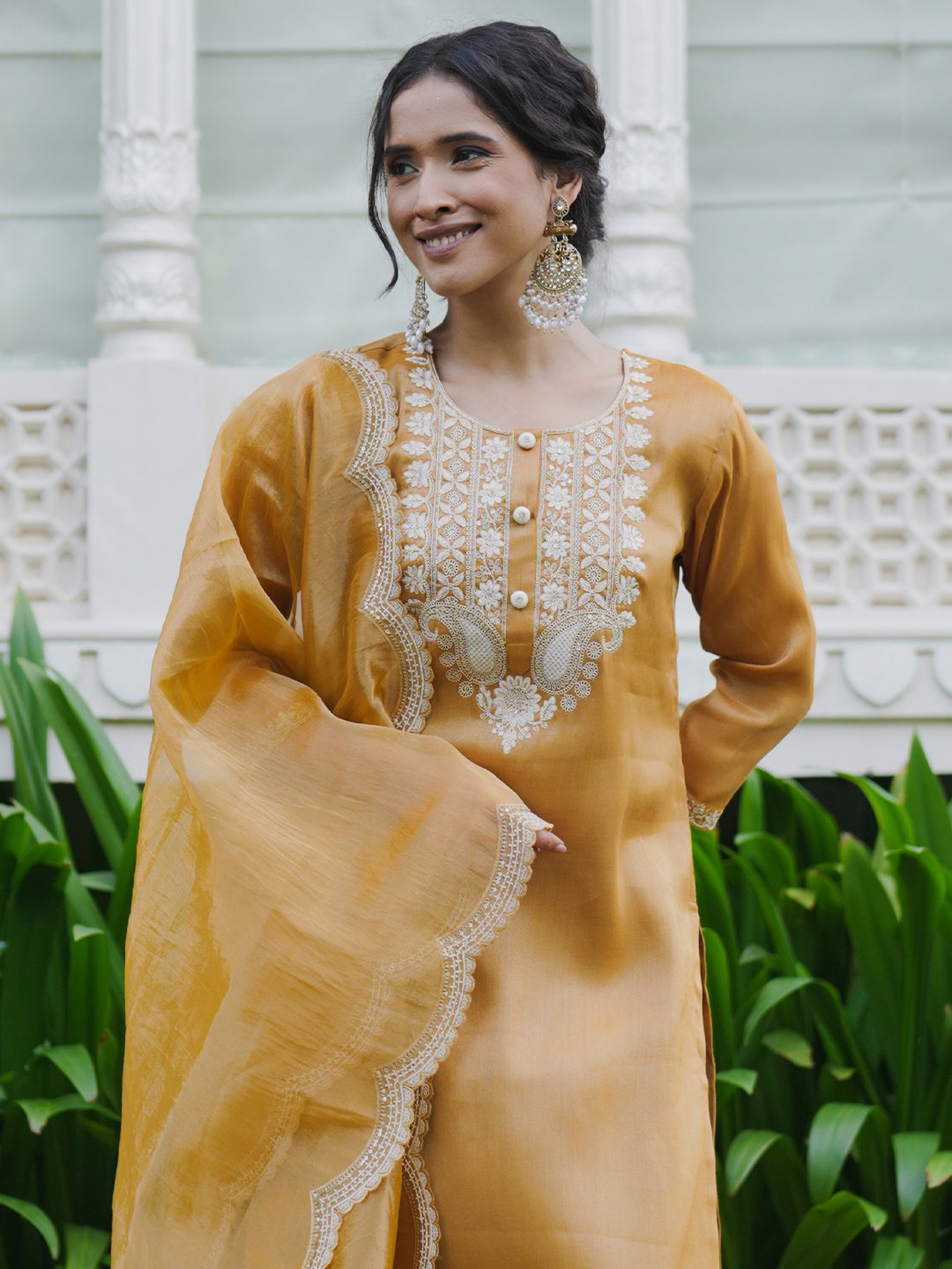 

Indo Era Women Ethnic Motifs Embroidered Thread Work Kurta with Trousers With Dupatta, Yellow