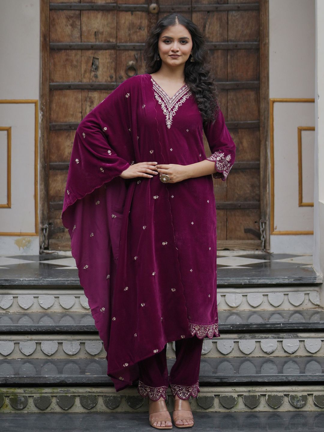 

Indo Era Women Ethnic Motifs Embroidered Regular Kurta with Trousers & With Dupatta, Burgundy
