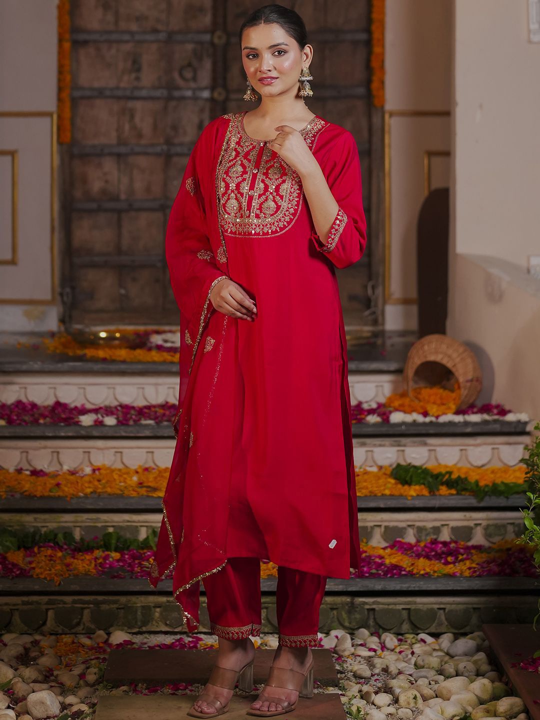 

Indo Era Women Ethnic Motifs Embroidered Regular Kurta with Trousers & With Dupatta, Red