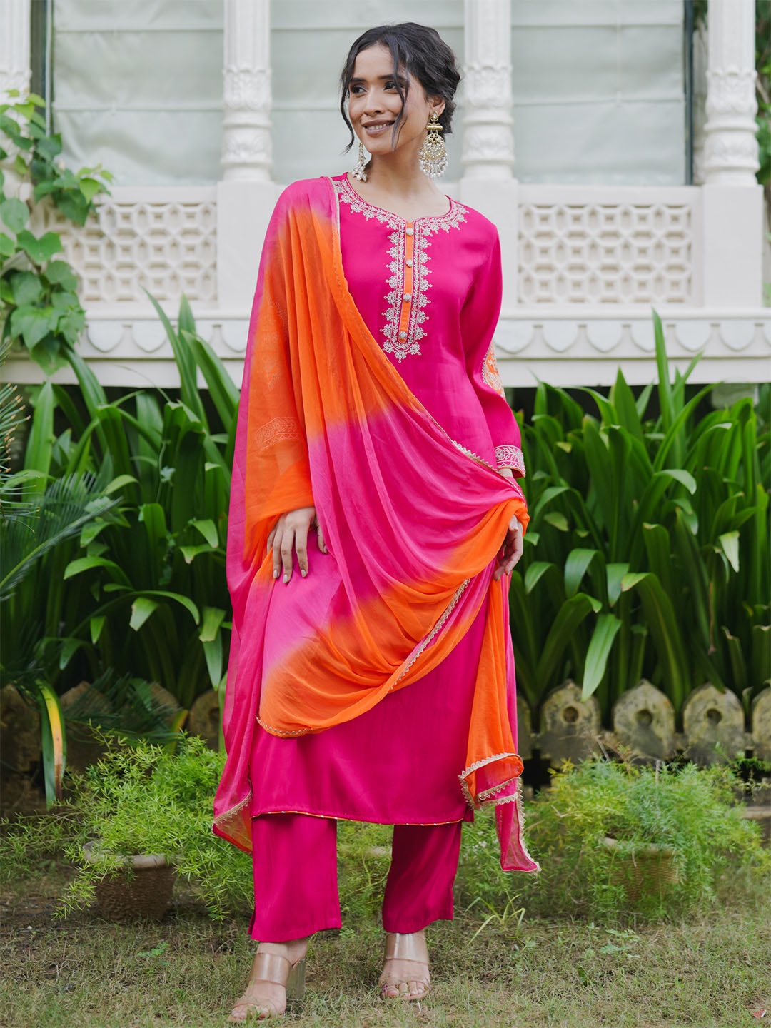 

Indo Era Women Ethnic Motifs Embroidered Regular Kurta with Trousers & With Dupatta, Magenta