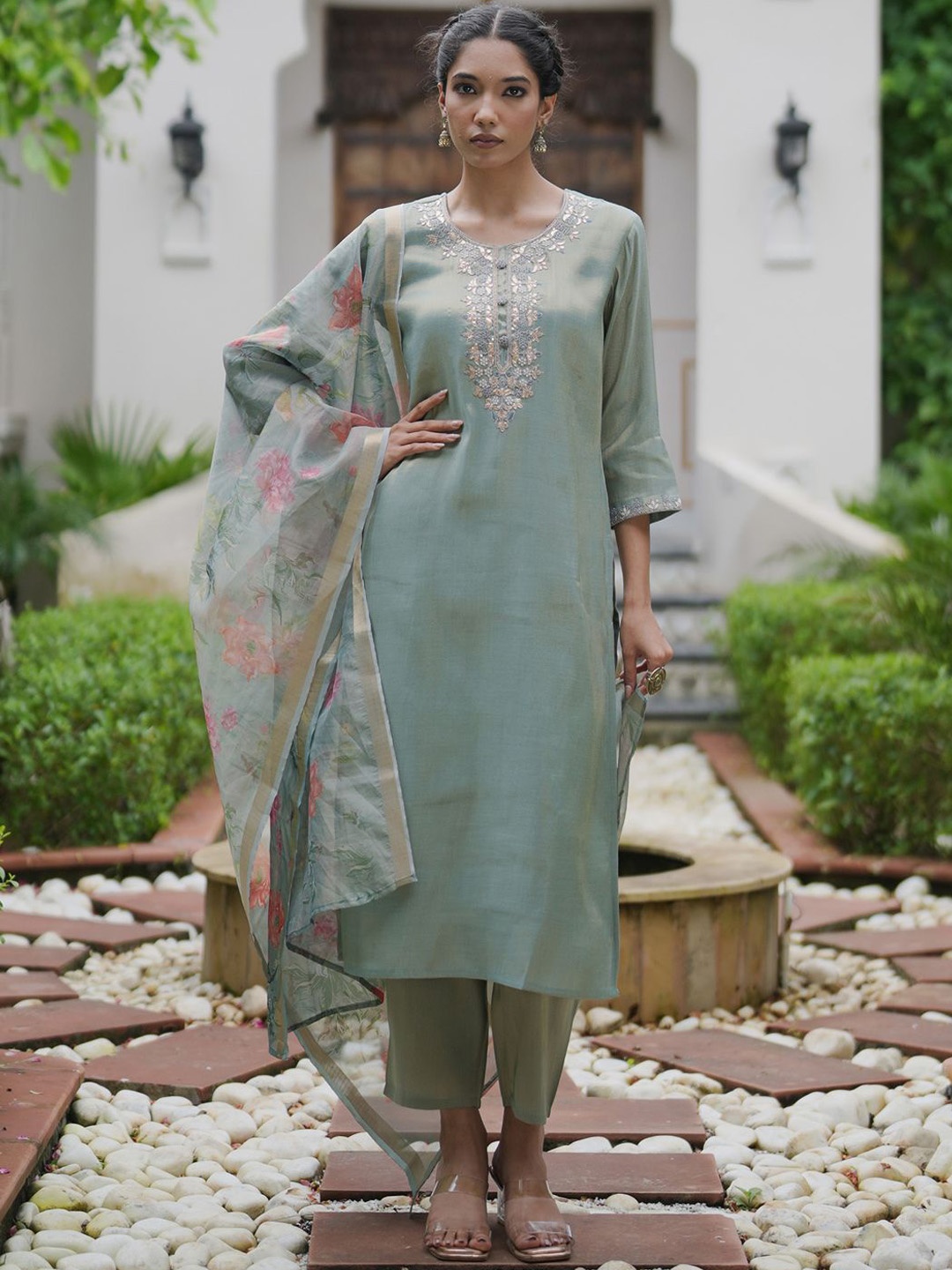 

Indo Era Women Ethnic Motifs Embroidered Thread Work Kurta Trousers With Printed Dupatta, Sea green