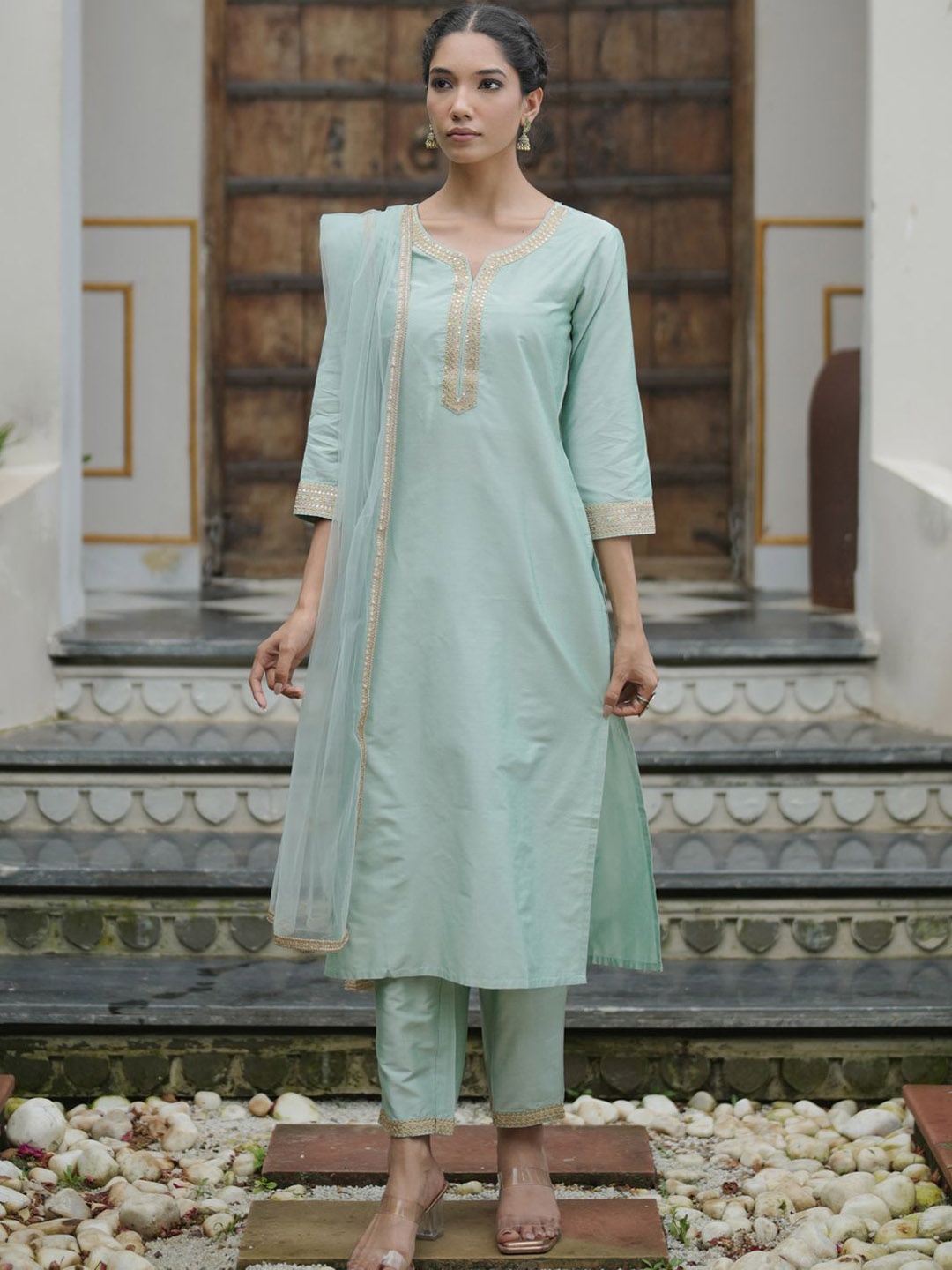 

Indo Era Women Embroidered Regular Kurta with Trousers & With Dupatta, Sea green