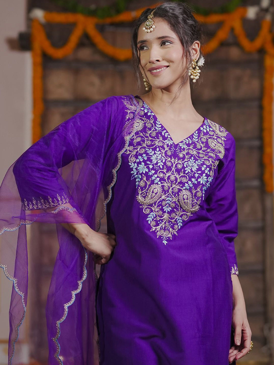 

Indo Era Women Floral Embroidered Regular Thread Work Kurta with Trousers & With Dupatta, Purple