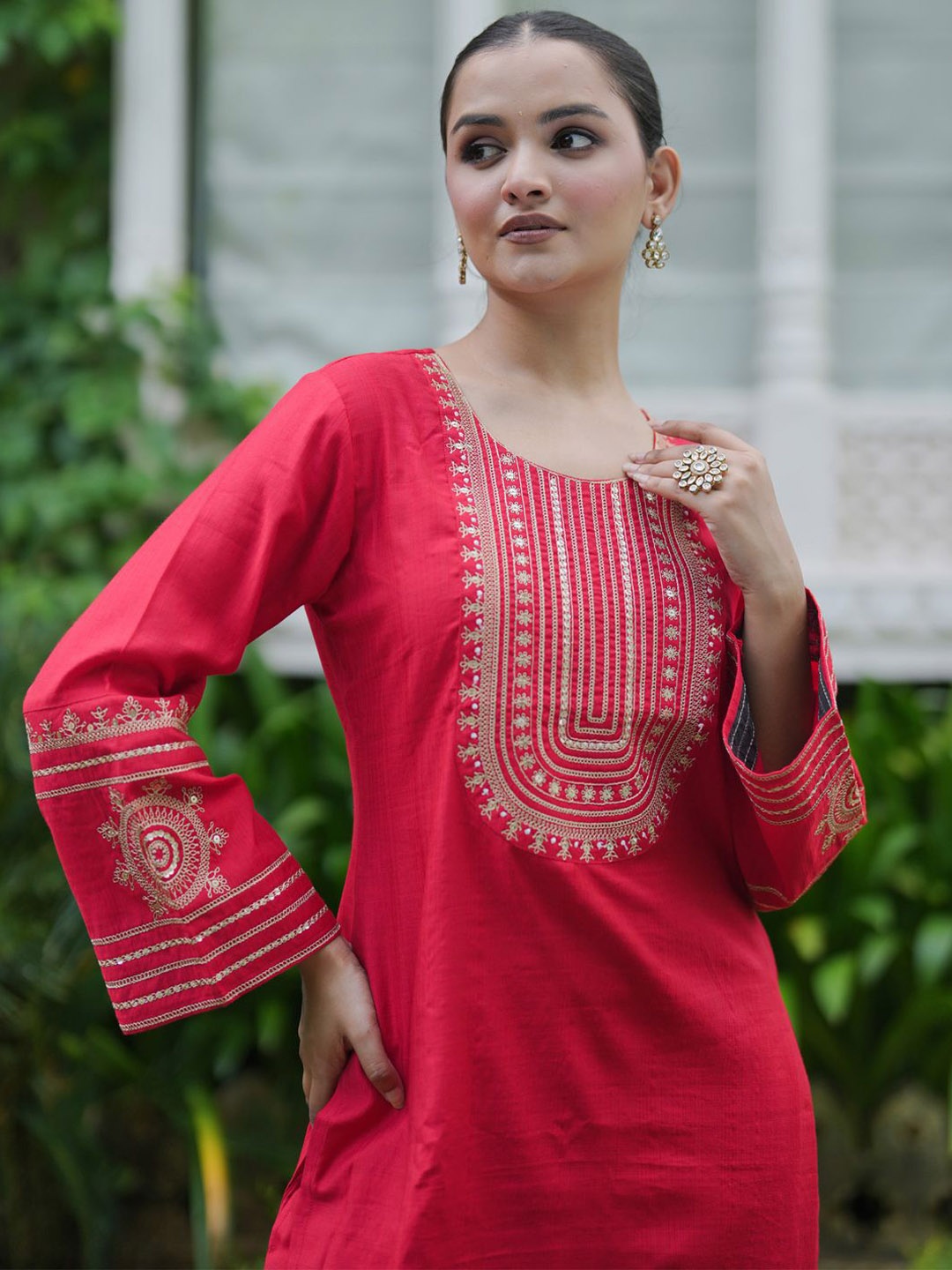 

Indo Era Women Ethnic Motifs Embroidered Regular Sequinned Kurta with Trousers, Red