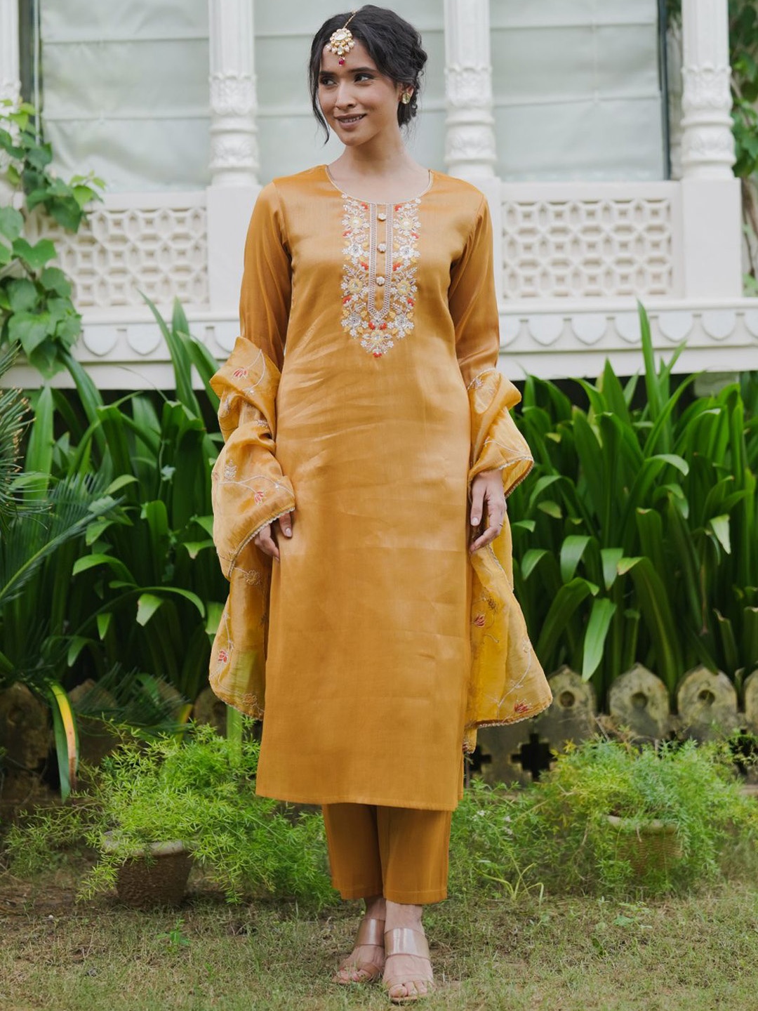 

Indo Era Women Floral Embroidered Regular Thread Work Kurta with Trousers & With Dupatta, Yellow