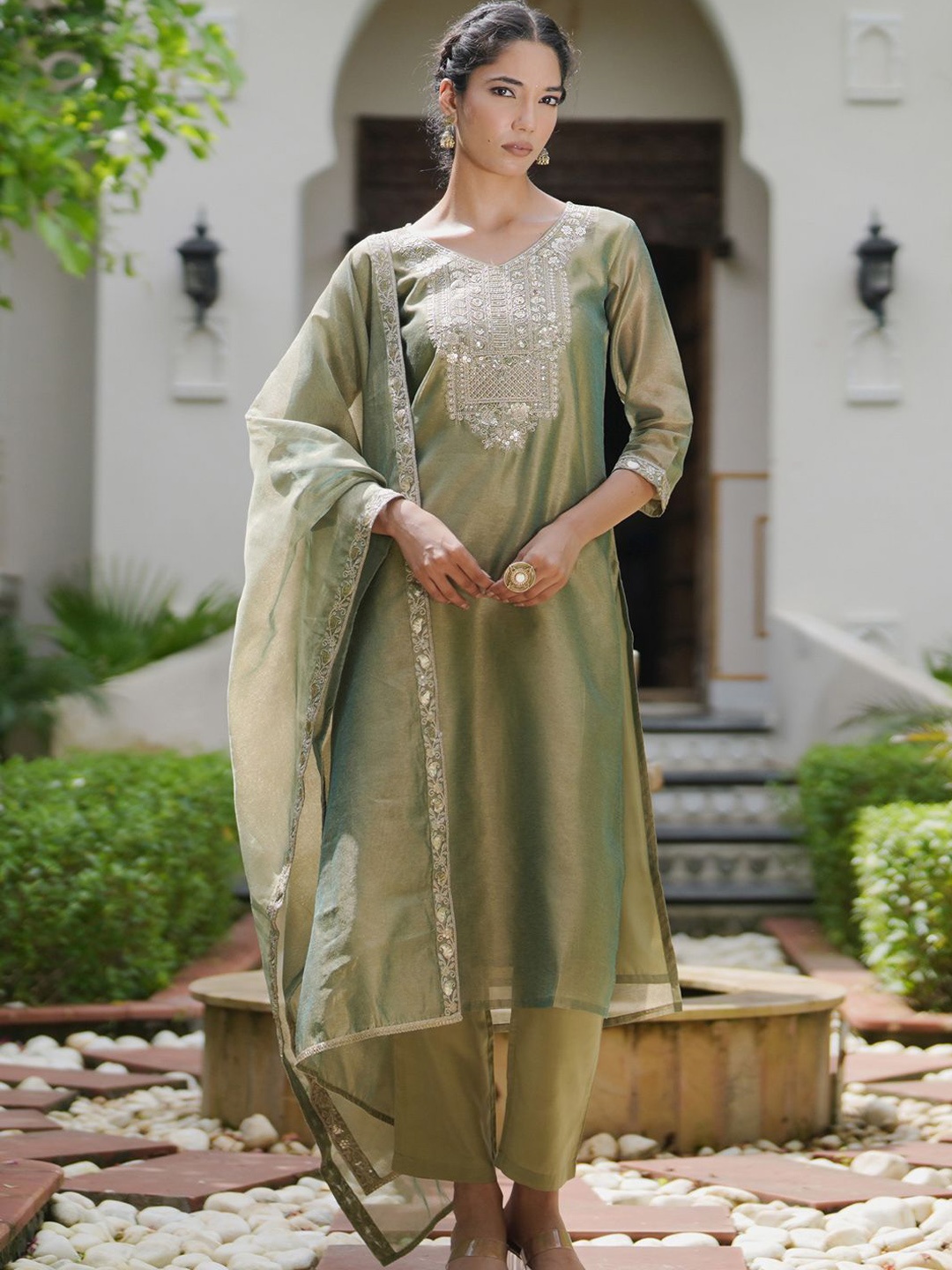 

Indo Era Women Embroidered Sequinned Kurta with Trousers & With Dupatta, Green