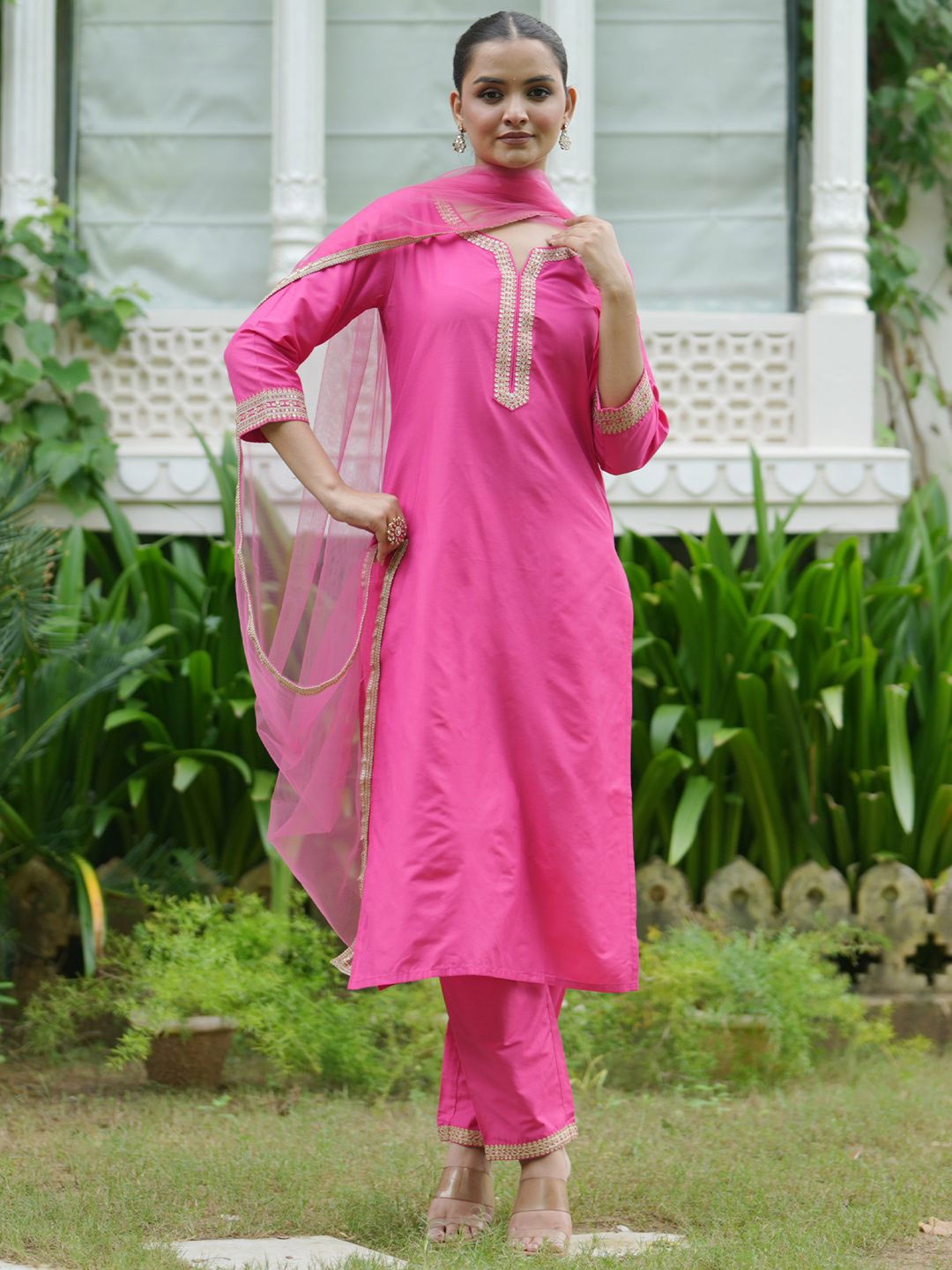 

Indo Era Women Embroidered Regular Kurta with Trousers & With Dupatta, Pink