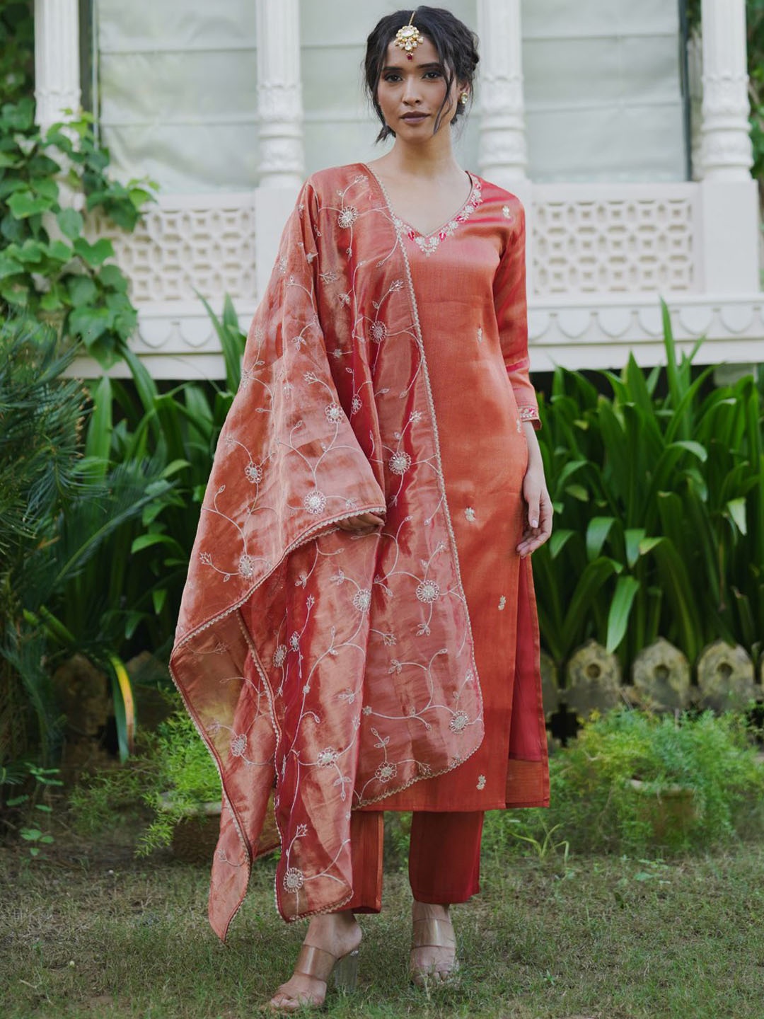 

Indo Era Women Floral Embroidered Regular Liva Kurta with Trousers & With Dupatta, Rust