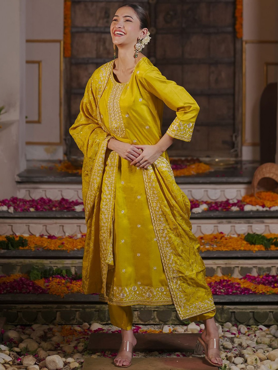 

Indo Era Women Ethnic Motifs Embroidered Regular Kurta with Trousers & With Dupatta, Yellow