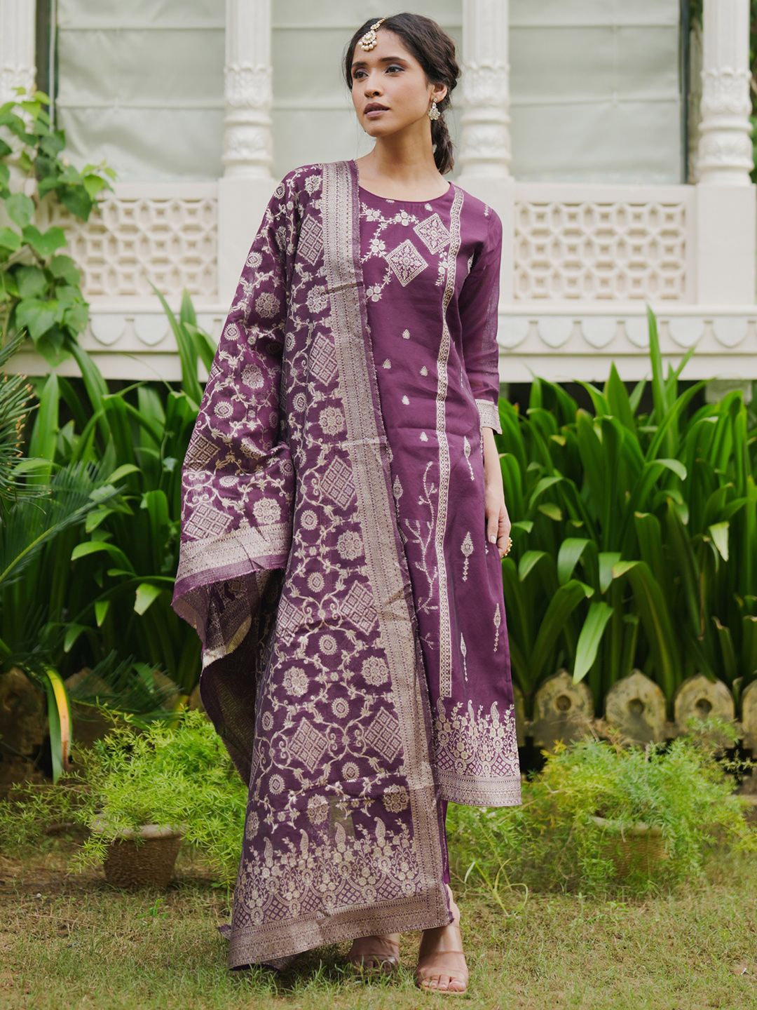 

Indo Era Women Woven Design Regular Kurta with Trousers & With Dupatta, Purple