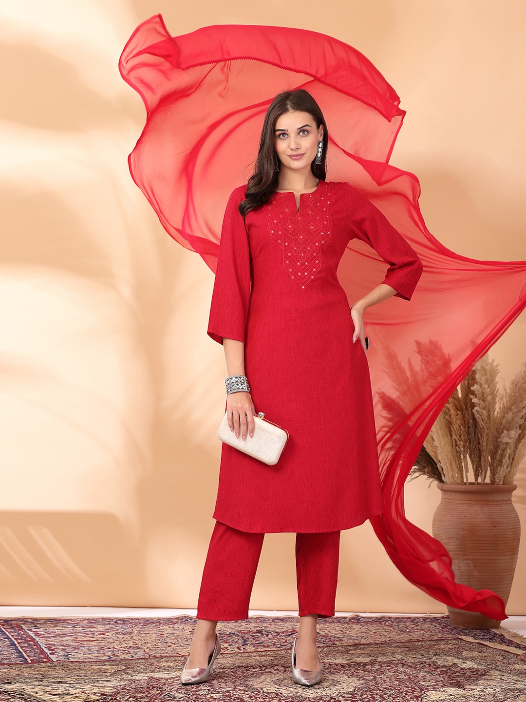 Nayam By Lakshita Floral Yoke Design Mirror Work Kurta with Palazzos, Pink