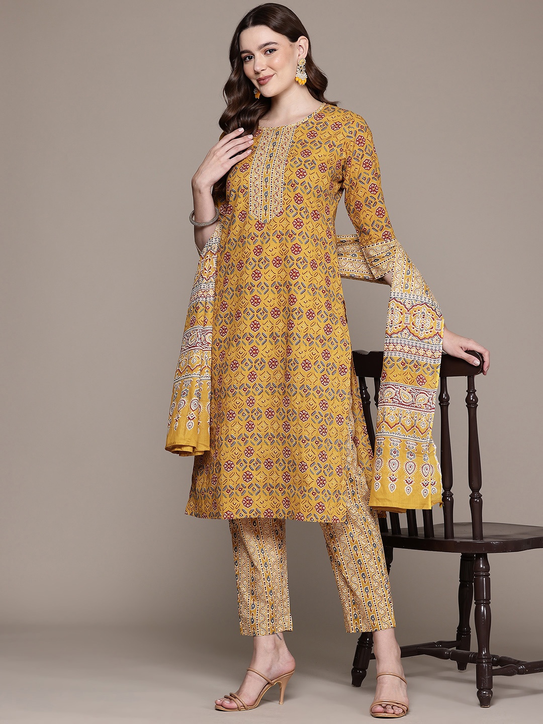 

Readiprint Ethnic Motifs Printed Aari Work Pure Cotton Kurta Set, Mustard