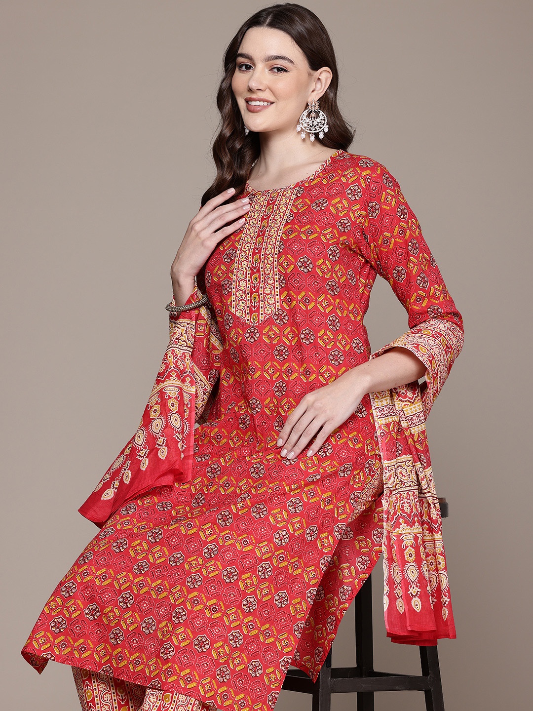 

Readiprint Ethnic Motifs Printed Aari Work Pure Cotton Kurta Set, Red