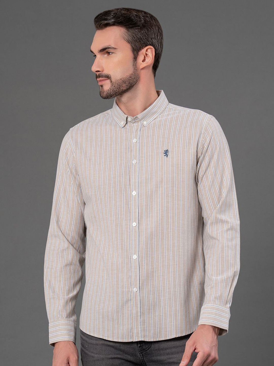 

Red Tape Men Stripes Cotton Button Down Shirt, Beige