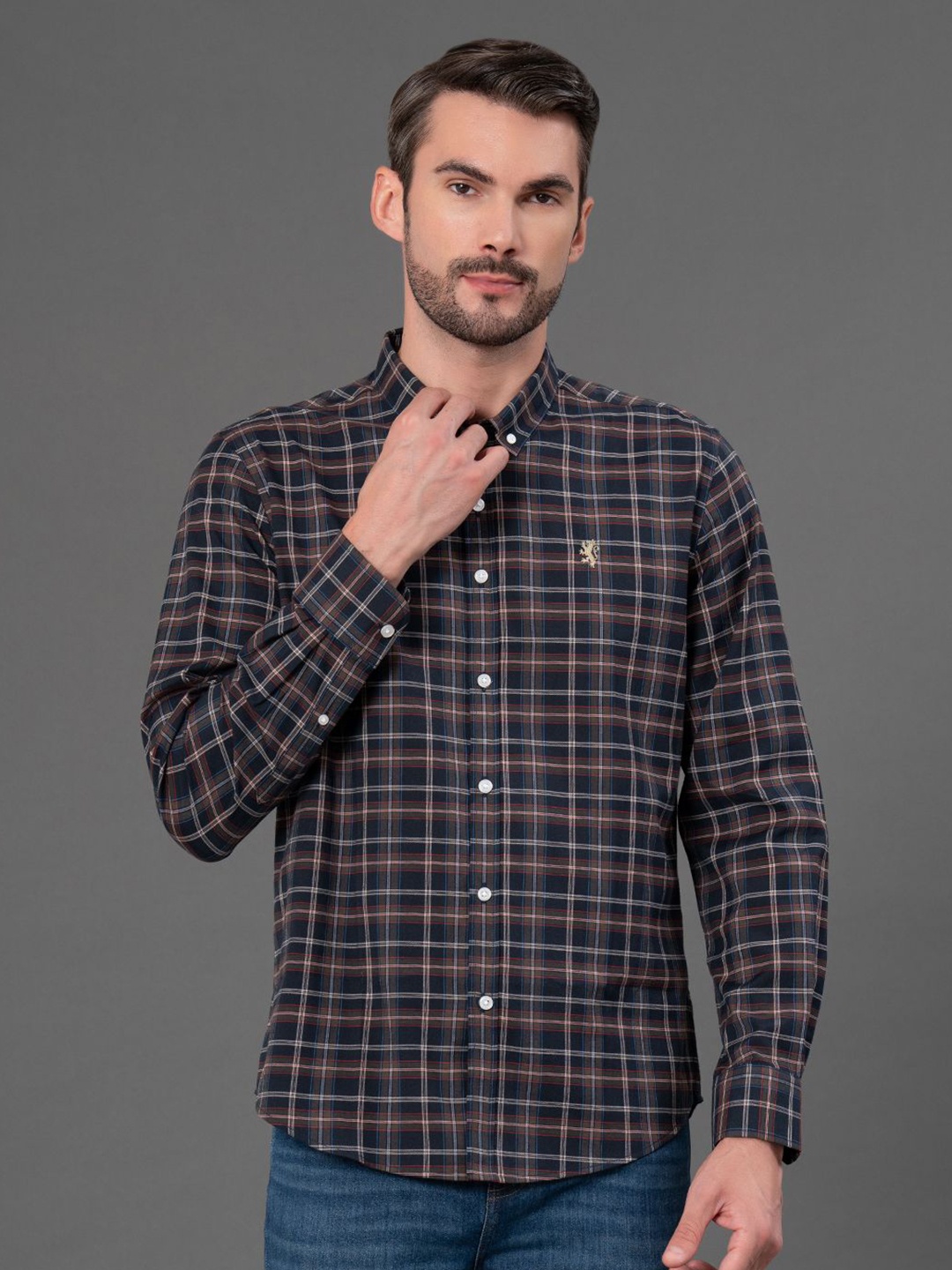 

Red Tape Tartan Checked Button-Down Collar Cotton Casual Shirt, Navy blue