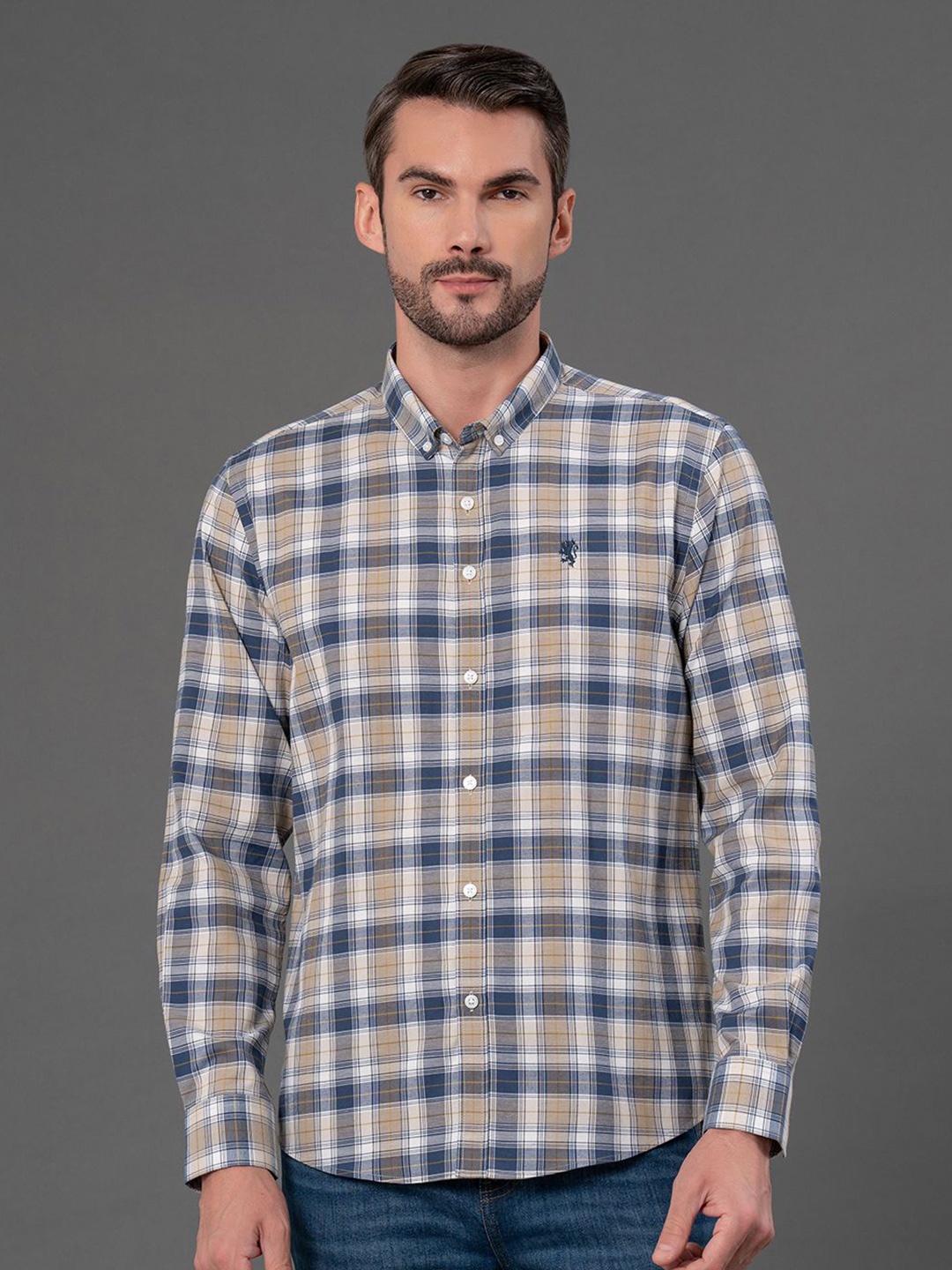 

Red Tape Men Checks Cotton Button Down Shirt, Navy blue