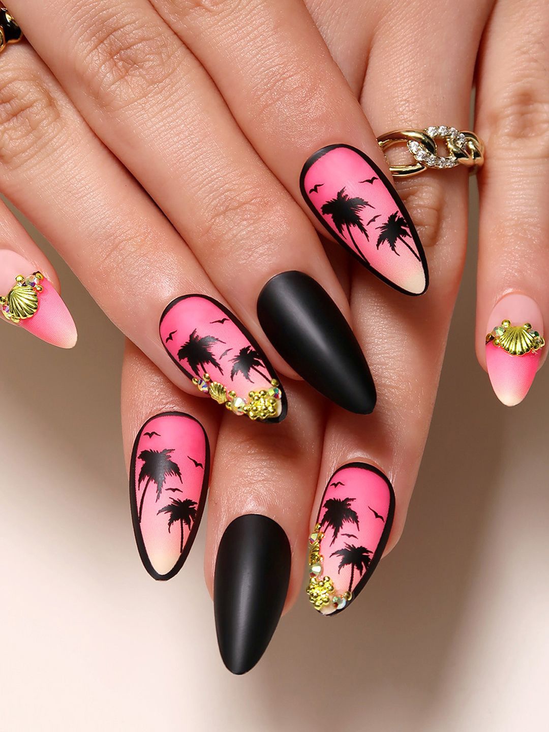 

Secret Lives Set Of 24 Matte with 3D Pearls & Palm Tree Design Artificial Nails-Goa Beach, Black