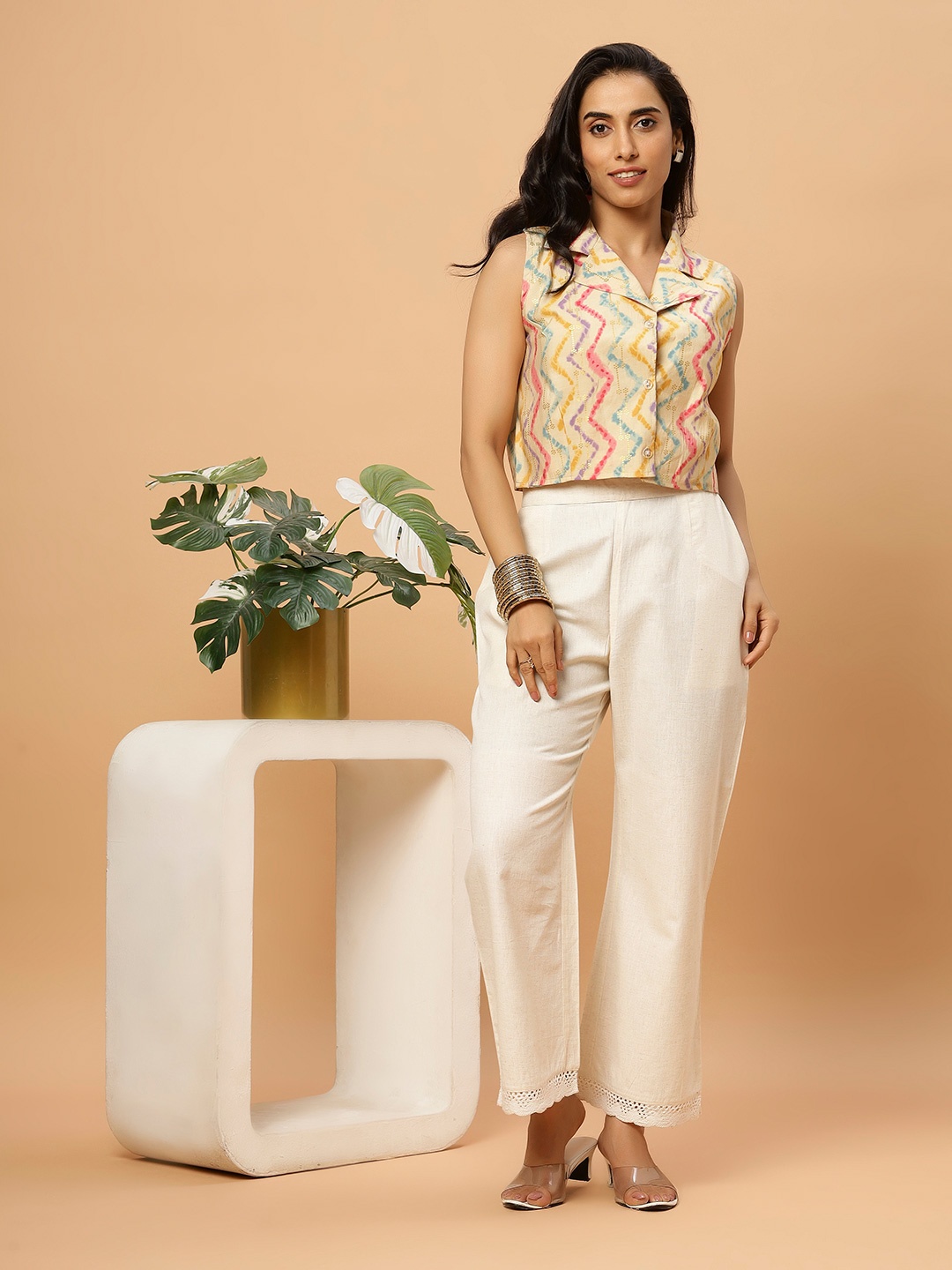 

Bottoms.love Women Ethnic Natural Linen Biege Lace Palazzos, White