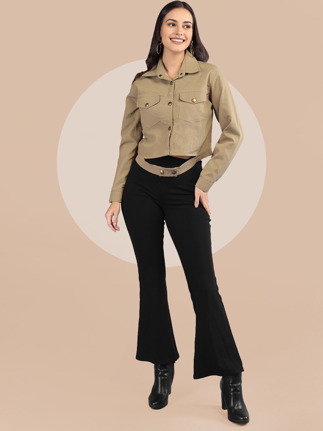 

The Roadster Lifestyle Co. Women Spread Collar Crop Tailored Jacket, Khaki