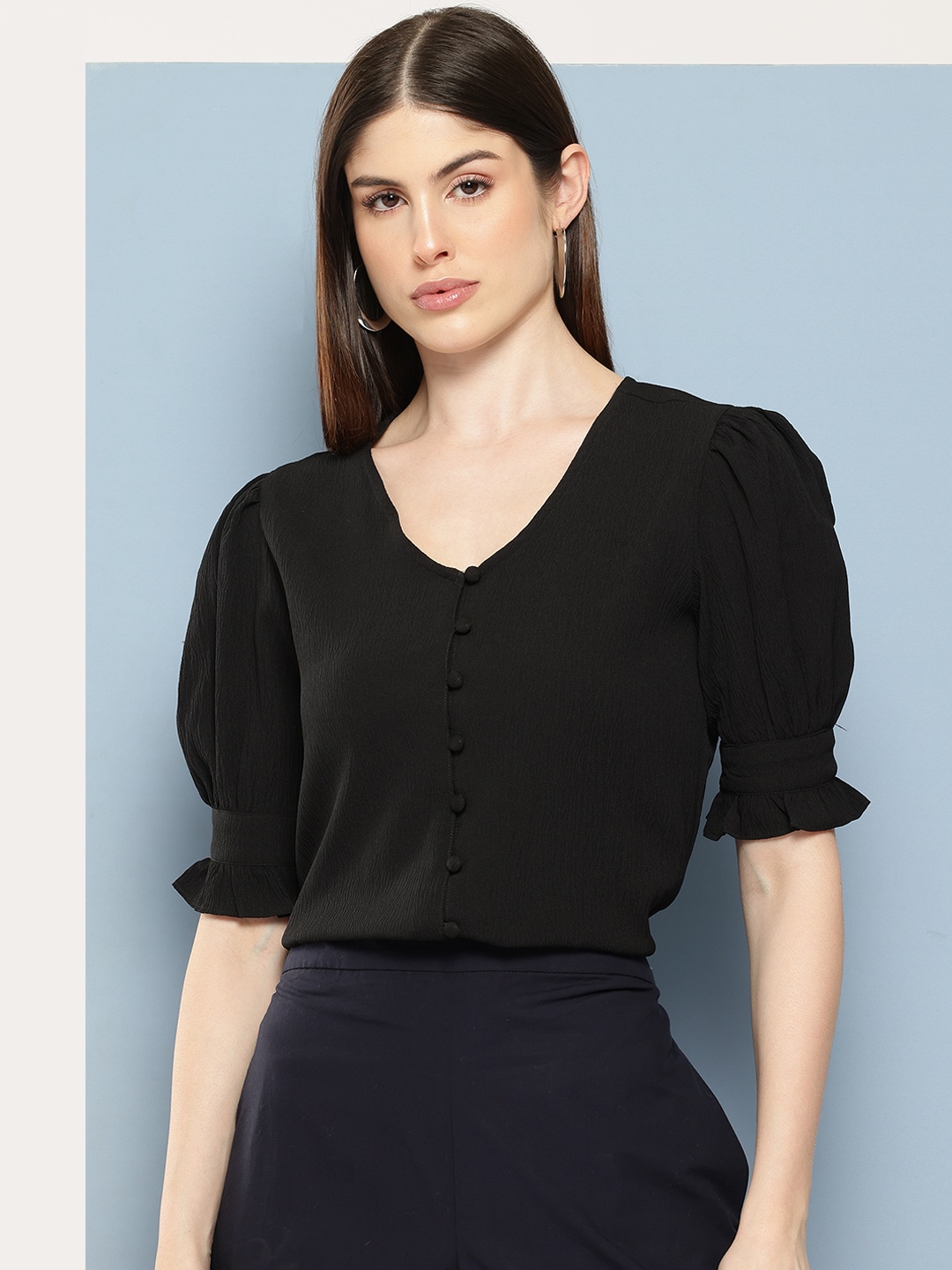 

Chemistry Puff Sleeves Crepe Top, Black