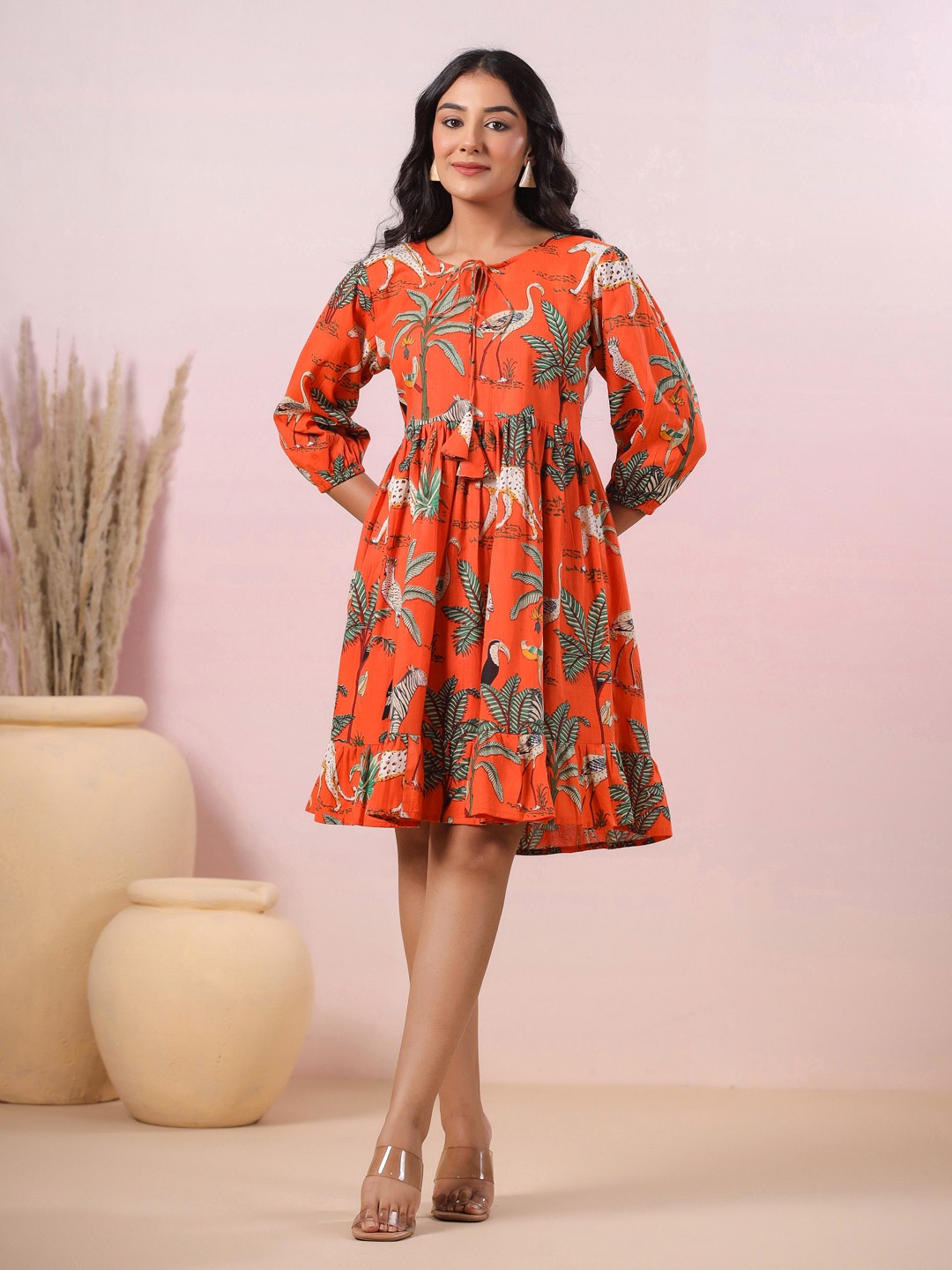 

LYFJ Print Puff Sleeve Fit & Flare Dress, Orange